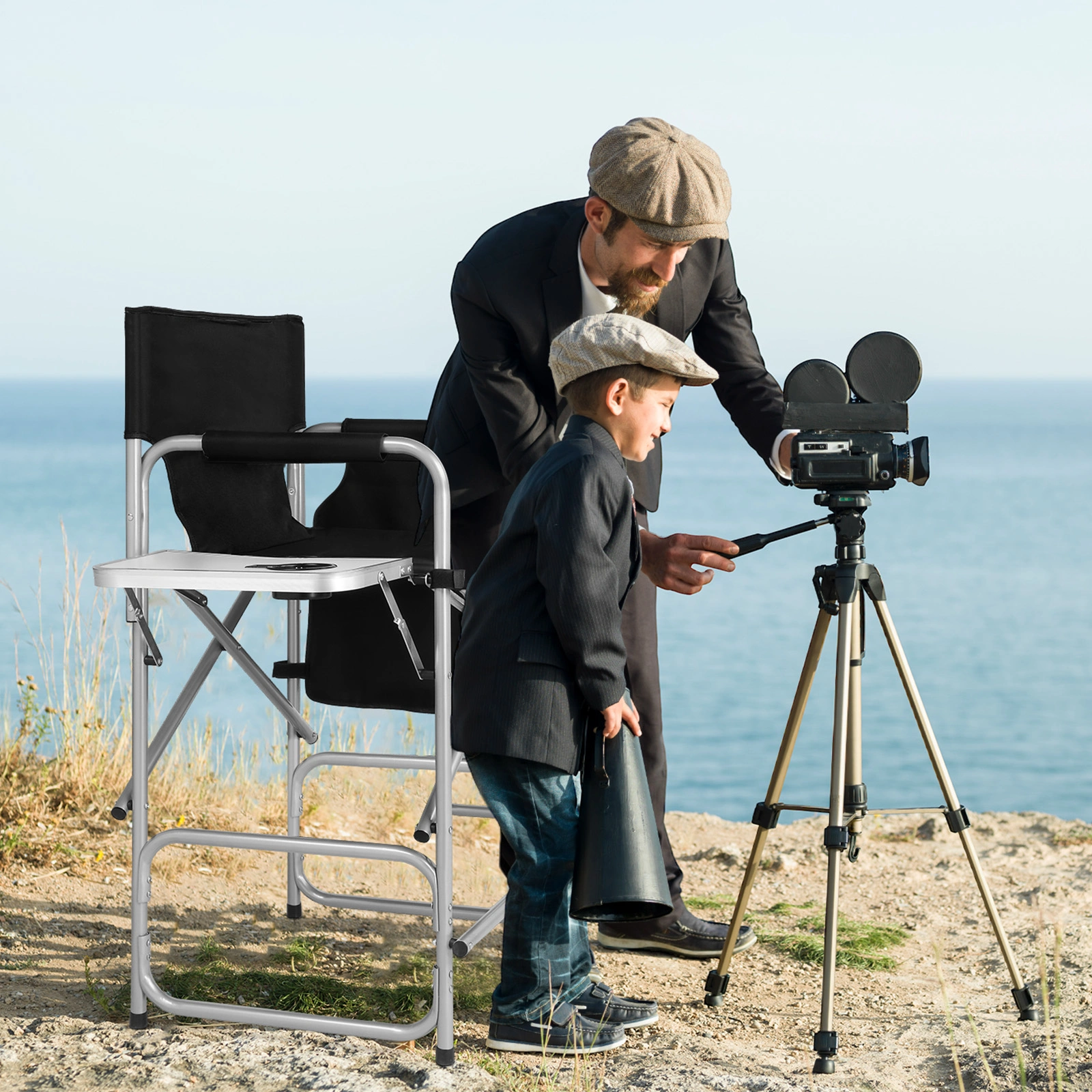 Folding Director Chair with Side Table & Storage Pockets, 41"×23.6"×26.4" Heavy Duty Spray-Coated Metal Frame Makeup Artist Chair, Portable Tall Folding Camping Chair, Supports 300 LBS, Black Oxford Fabric, No Carry Bag > view 11