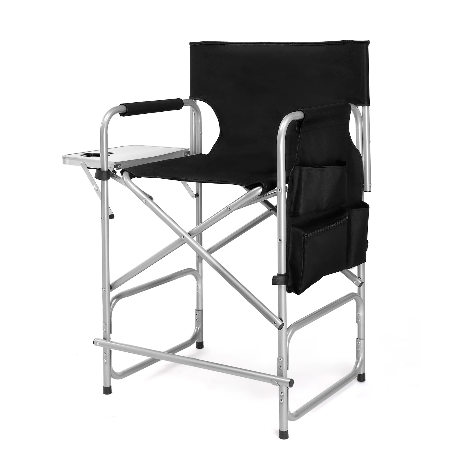 Folding Director Chair with Side Table & Storage Pockets, 41"×23.6"×26.4" Heavy Duty Spray-Coated Metal Frame Makeup Artist Chair, Portable Tall Folding Camping Chair, Supports 300 LBS, Black Oxford Fabric, No Carry Bag > view 2