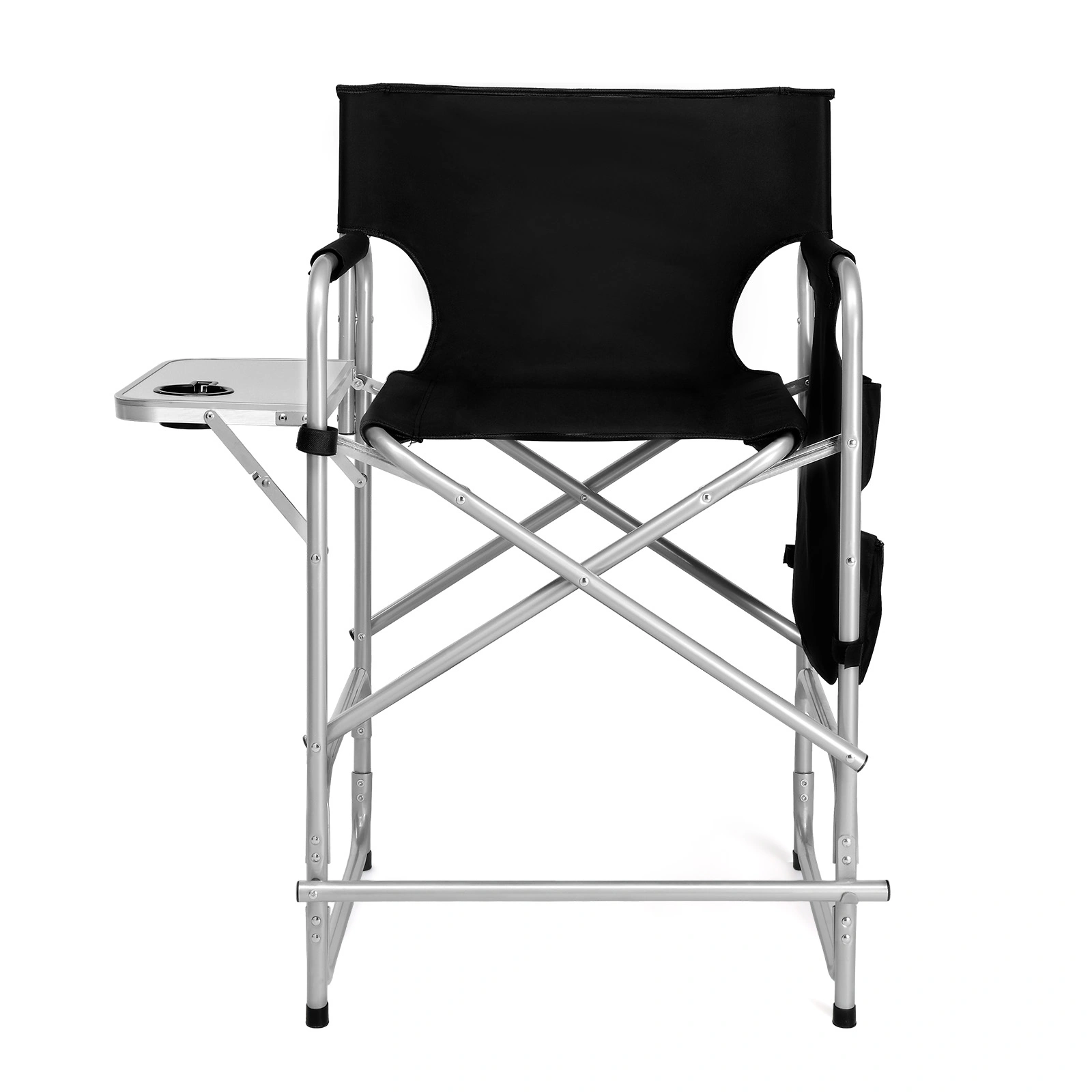 Folding Director Chair with Side Table & Storage Pockets, 41"×23.6"×26.4" Heavy Duty Spray-Coated Metal Frame Makeup Artist Chair, Portable Tall Folding Camping Chair, Supports 300 LBS, Black Oxford Fabric, No Carry Bag > view 3