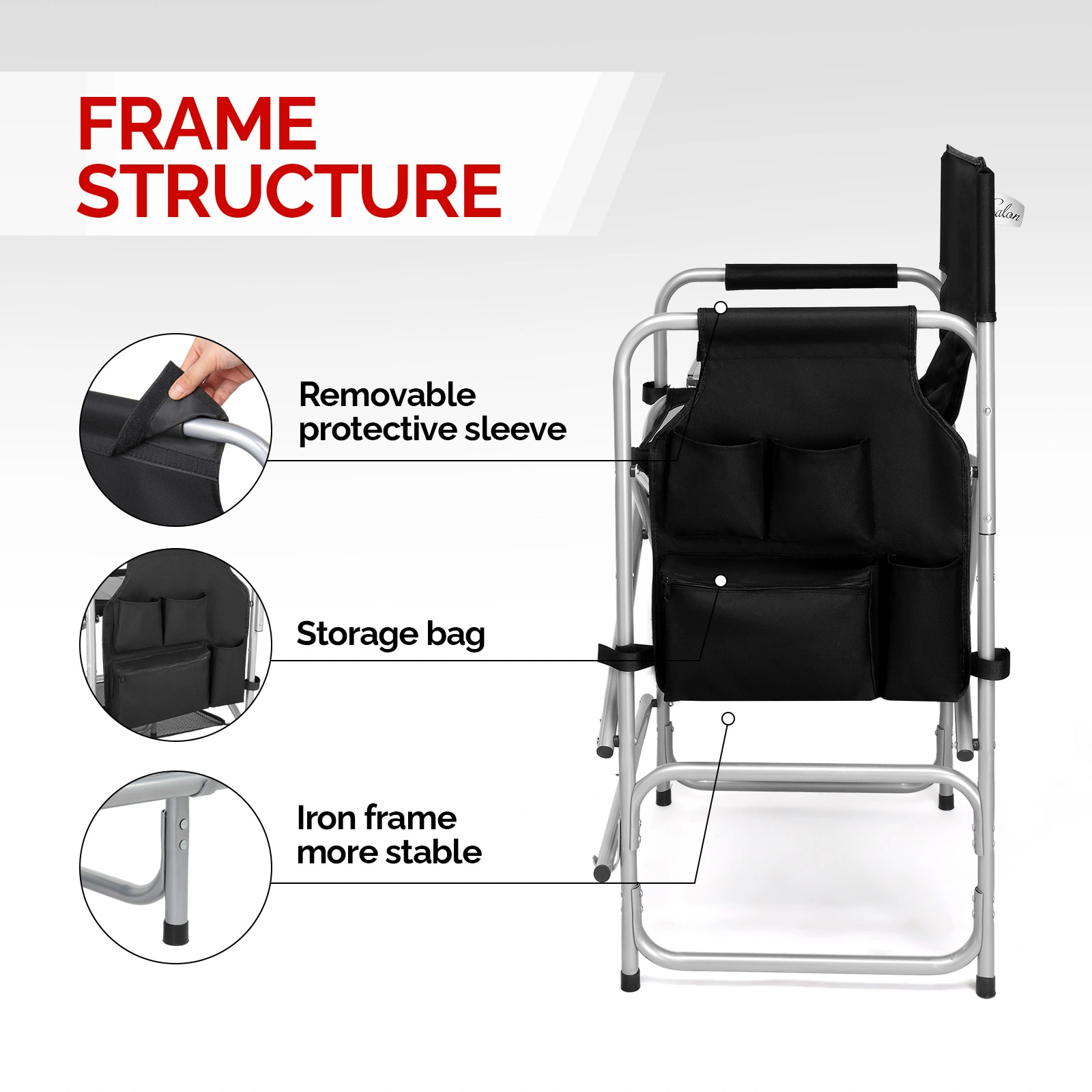 Folding Director Chair with Side Table & Storage Pockets, 41"×23.6"×26.4" Heavy Duty Spray-Coated Metal Frame Makeup Artist Chair, Portable Tall Folding Camping Chair, Supports 300 LBS, Black Oxford Fabric, No Carry Bag > view 4