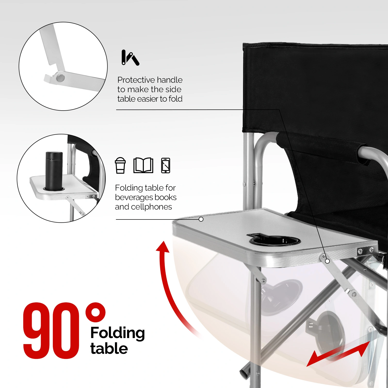 Folding Director Chair with Side Table & Storage Pockets, 41"×23.6"×26.4" Heavy Duty Spray-Coated Metal Frame Makeup Artist Chair, Portable Tall Folding Camping Chair, Supports 300 LBS, Black Oxford Fabric, No Carry Bag > view 6