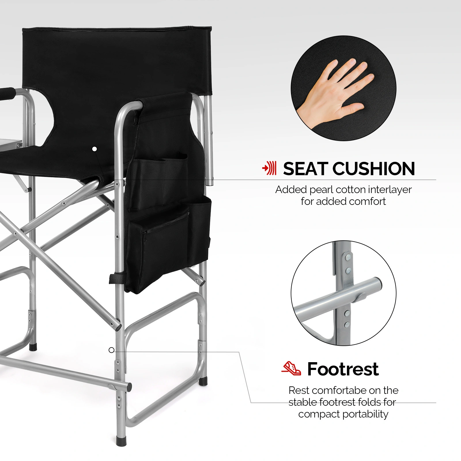 Folding Director Chair with Side Table & Storage Pockets, 41"×23.6"×26.4" Heavy Duty Spray-Coated Metal Frame Makeup Artist Chair, Portable Tall Folding Camping Chair, Supports 300 LBS, Black Oxford Fabric, No Carry Bag > view 7