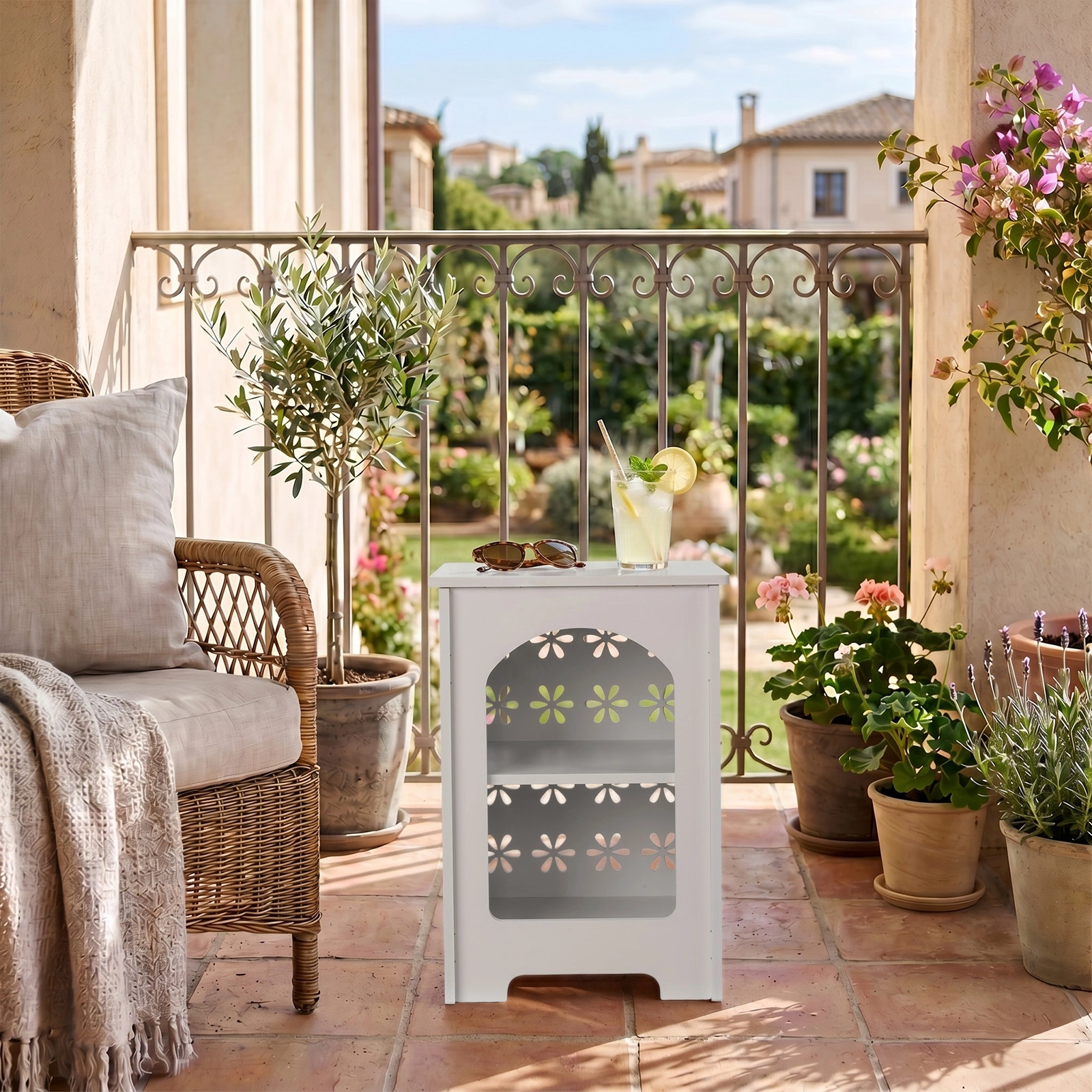 3-Tier Side Table with Storage, Nightstand End Table with Floral Design, Modern Arch Opening Bedside Table for Indoor Outdoor, White view 10
