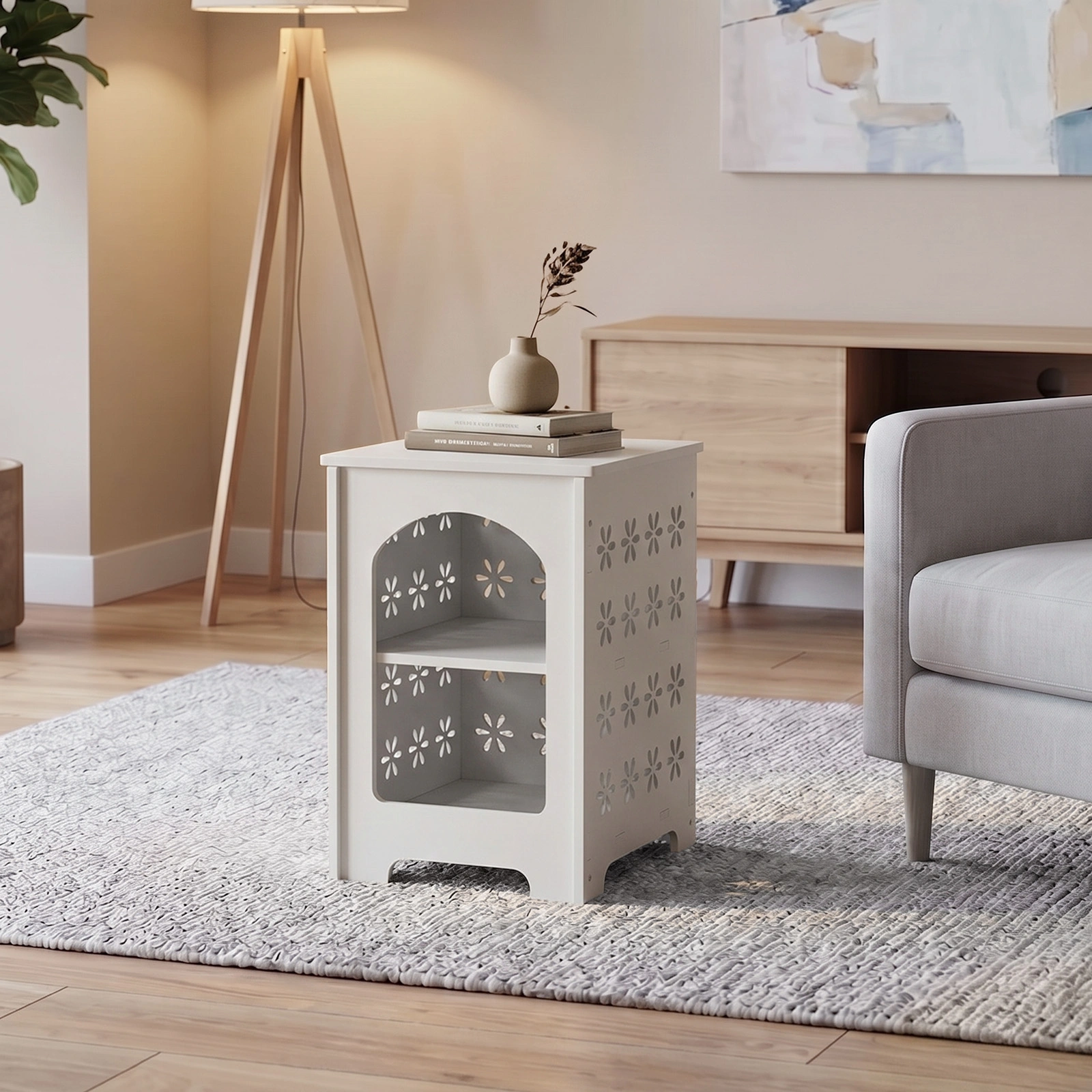 3-Tier Side Table with Storage, Nightstand End Table with Floral Design, Modern Arch Opening Bedside Table for Indoor Outdoor, White view 8