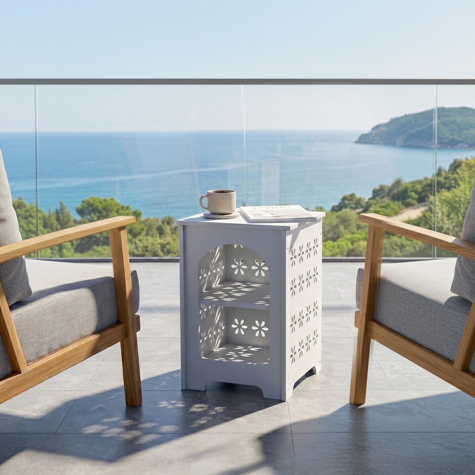 3-Tier Side Table with Storage, Nightstand End Table with Floral Design, Modern Arch Opening Bedside Table for Indoor Outdoor, White view 9