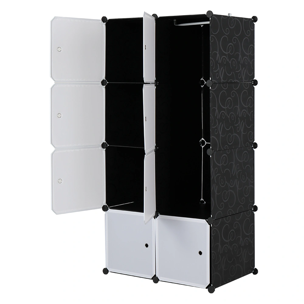 8 Cube Storage Organizer, Stackable Plastic Modular Closet Cabinet with Hanging Rod, White Doors & Black Panels, Multi-Functional Room Divider Shelf
