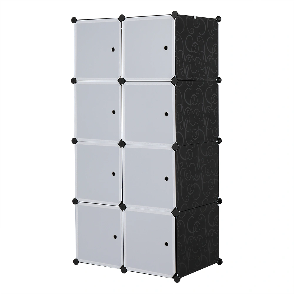 8 Cube Storage Organizer, Stackable Plastic Modular Closet Cabinet with Hanging Rod, White Doors & Black Panels, Multi-Functional Room Divider Shelf view 2
