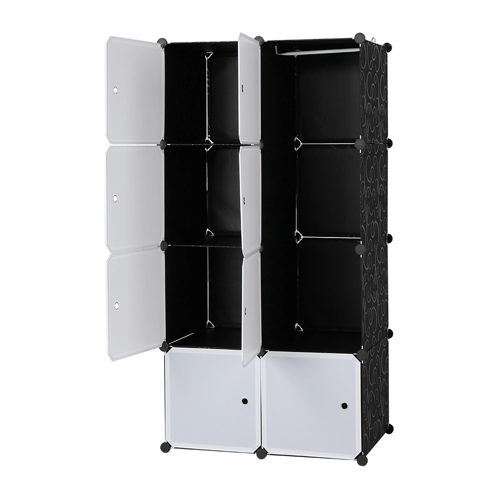 8 Cube Storage Organizer, Stackable Plastic Modular Closet Cabinet with Hanging Rod, White Doors & Black Panels, Multi-Functional Room Divider Shelf view 3