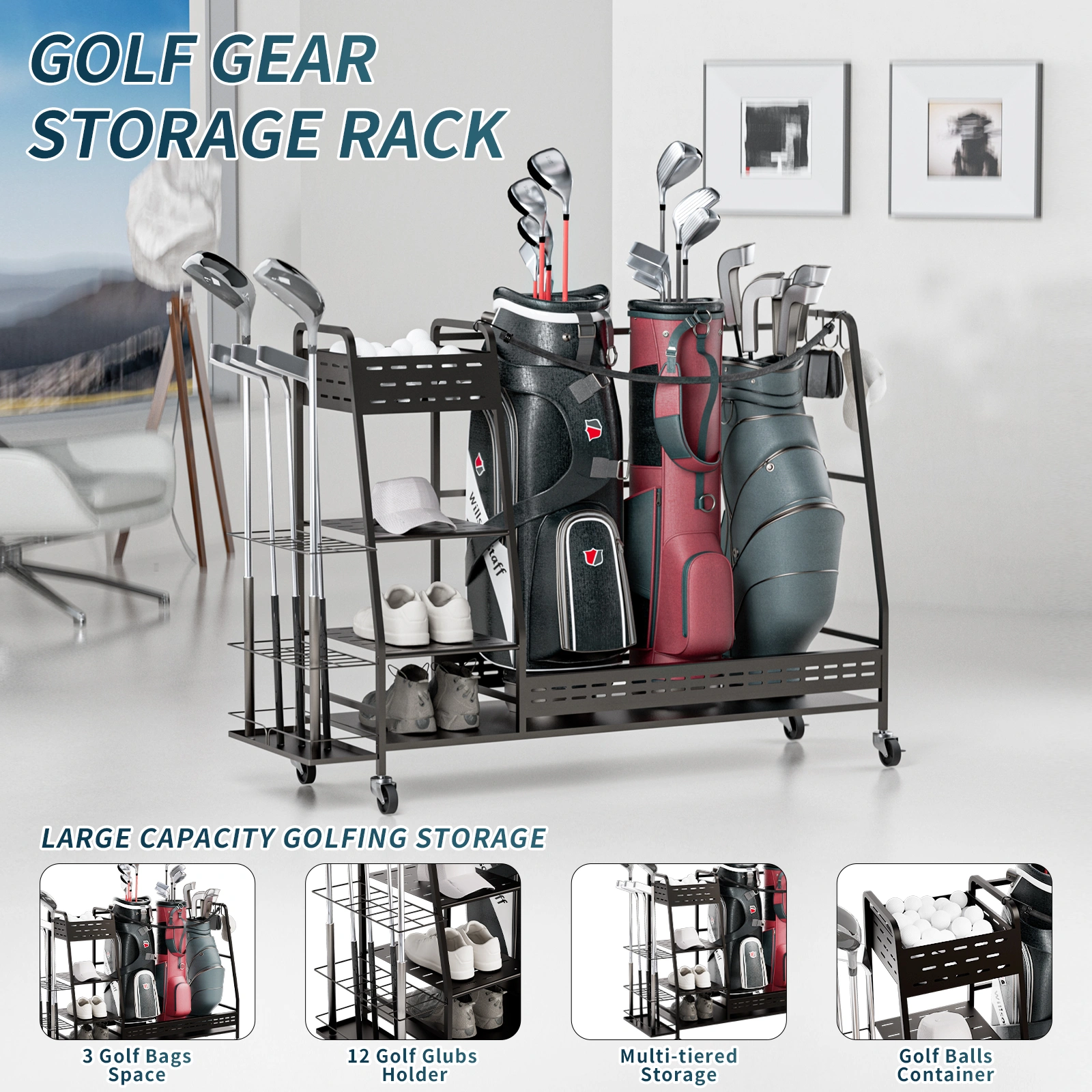 Golf Bag Organizer Stand for 3 Golf Bags, Extra Large Golf Equipment Rack Holder for Garage, Club, Basement, Golftasche Storage view 3