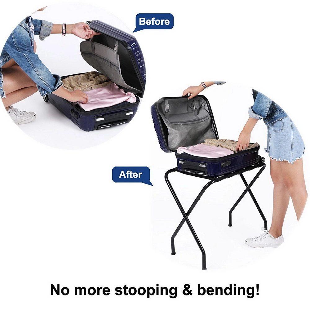 Portable Metal Luggage Rack 680x400x560MM, Black Heavy Duty Suitcase Stand Foldable Storage Shelf view 9