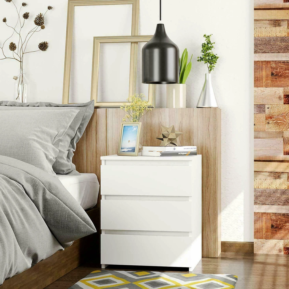 White Modern Bedside Table with 3 Drawers Nightstand Cabinet Bedroom Storage Organizer view 3