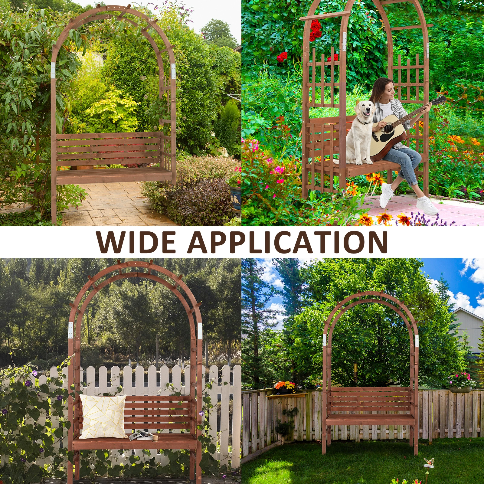 6.8FT Wooden Arch with Bench for 2 People, Garden Arbor Trellis for Climbing Plant, Outdoor Garden Lawn Backyard Patio Decor, Dark Brown view 16