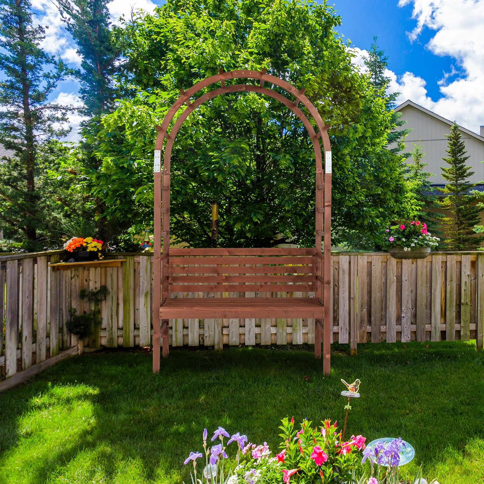 6.8FT Wooden Arch with Bench for 2 People, Garden Arbor Trellis for Climbing Plant, Outdoor Garden Lawn Backyard Patio Decor, Dark Brown view 17
