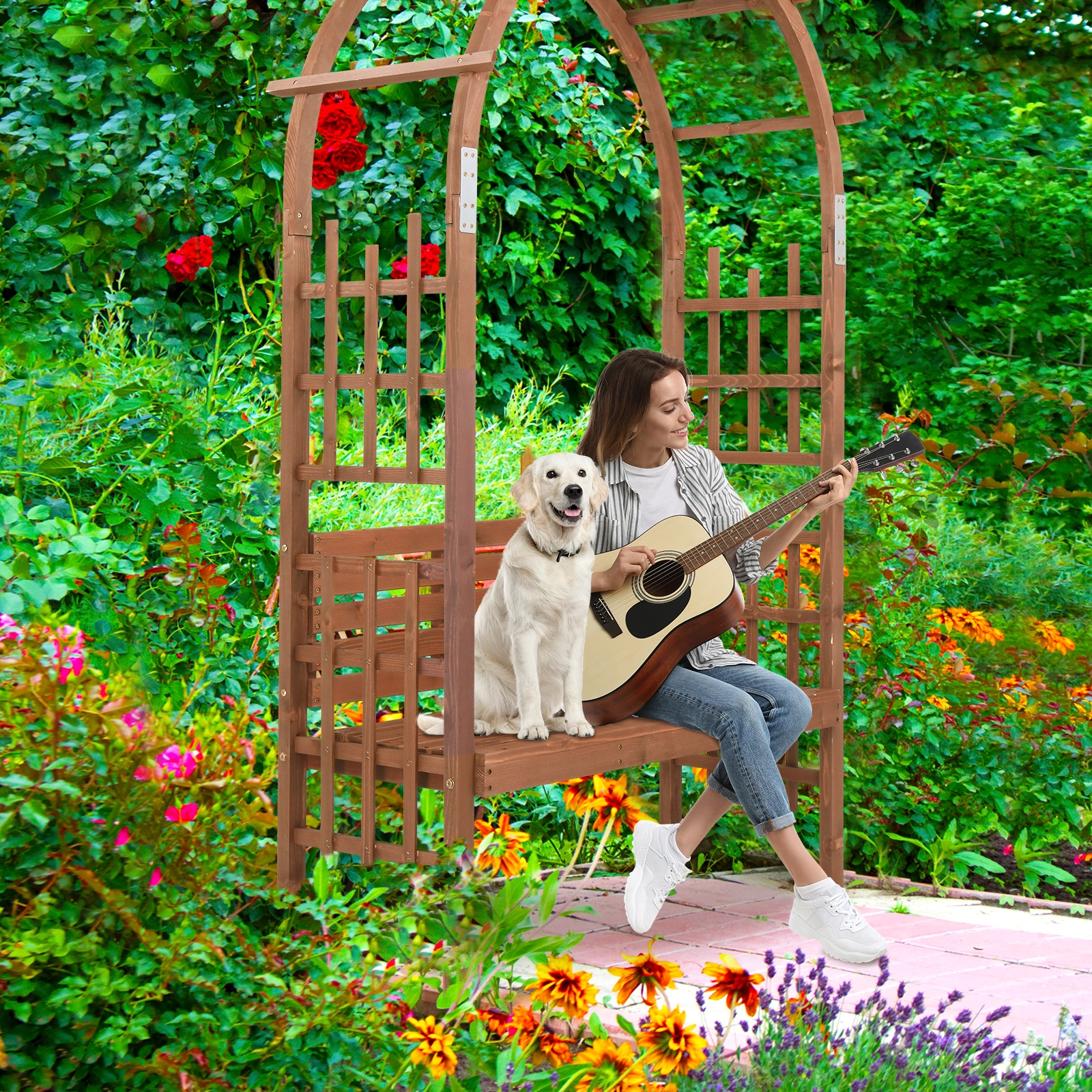 6.8FT Wooden Arch with Bench for 2 People, Garden Arbor Trellis for Climbing Plant, Outdoor Garden Lawn Backyard Patio Decor, Dark Brown view 18