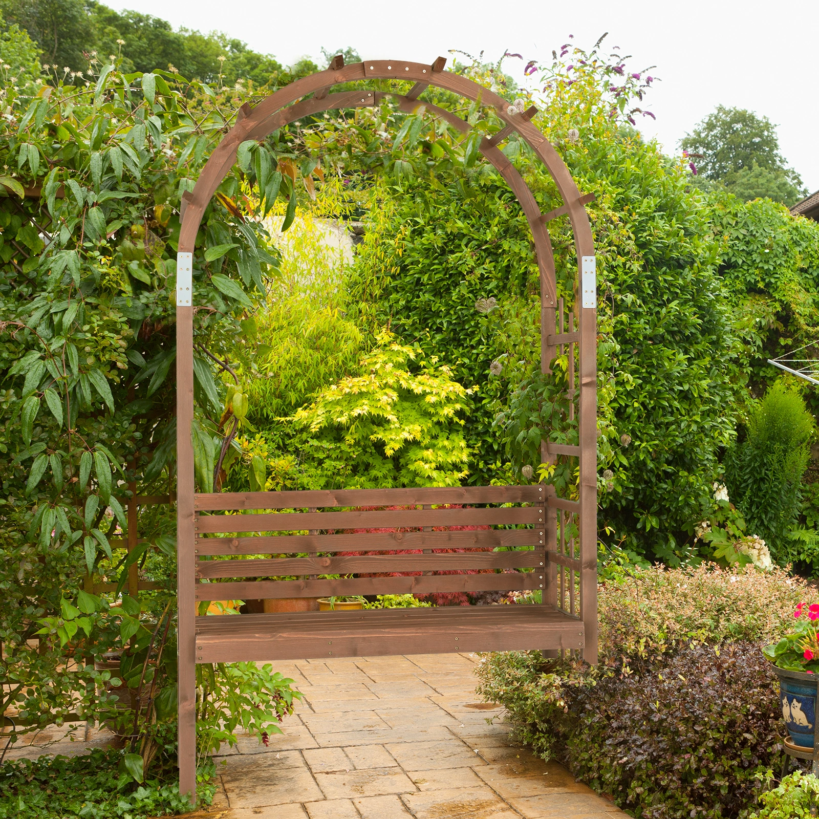 6.8FT Wooden Arch with Bench for 2 People, Garden Arbor Trellis for Climbing Plant, Outdoor Garden Lawn Backyard Patio Decor, Dark Brown view 19