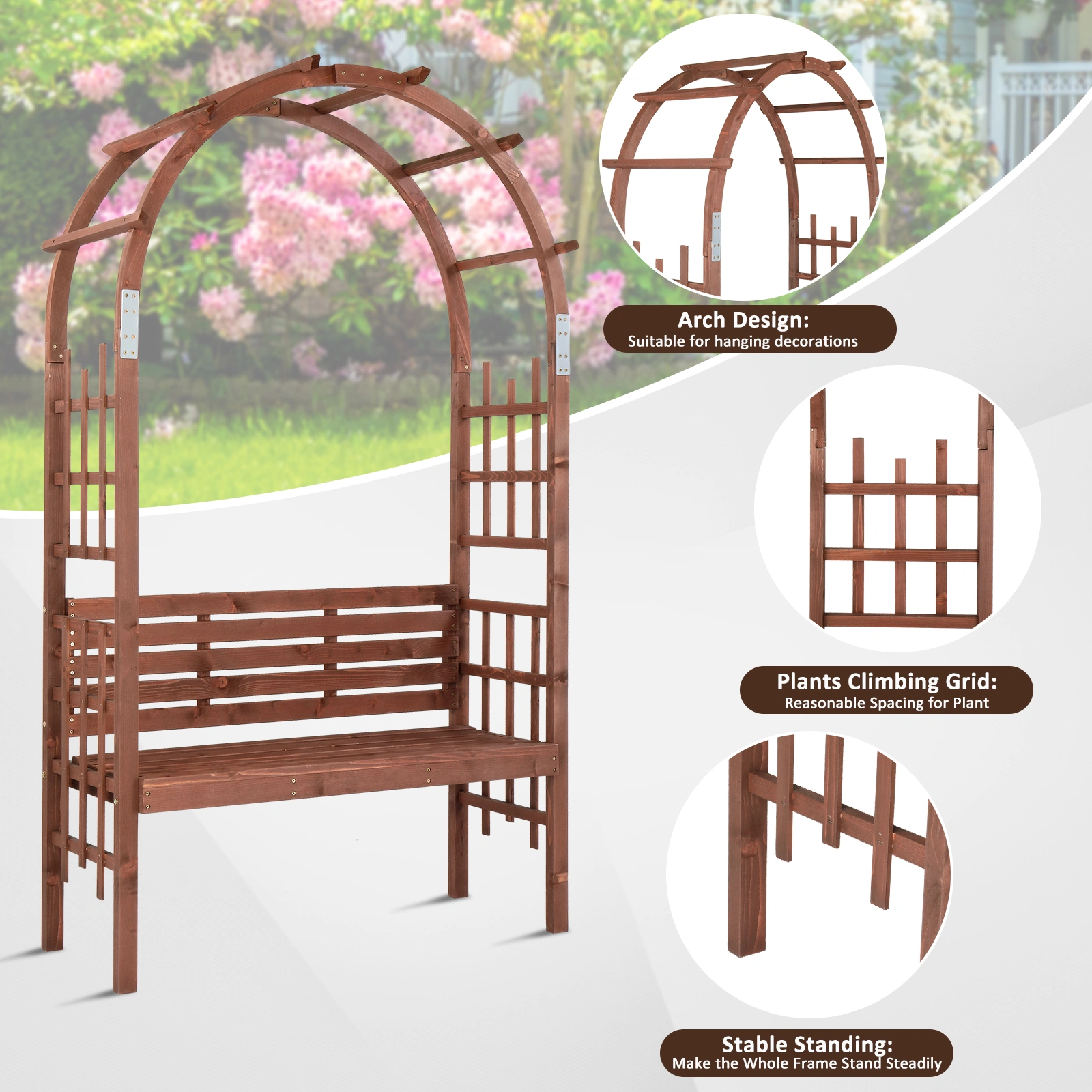 6.8FT Wooden Arch with Bench for 2 People, Garden Arbor Trellis for Climbing Plant, Outdoor Garden Lawn Backyard Patio Decor, Dark Brown view 21