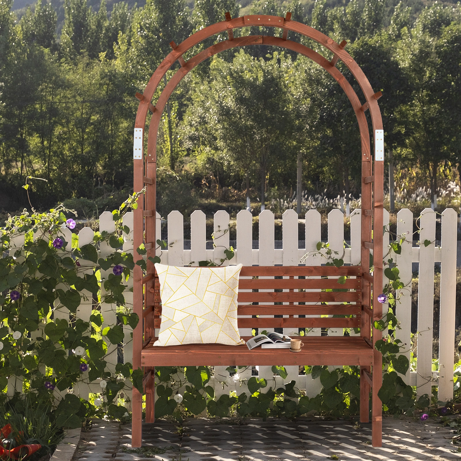6.8FT Wooden Arch with Bench for 2 People, Garden Arbor Trellis for Climbing Plant, Outdoor Garden Lawn Backyard Patio Decor, Dark Brown view 22