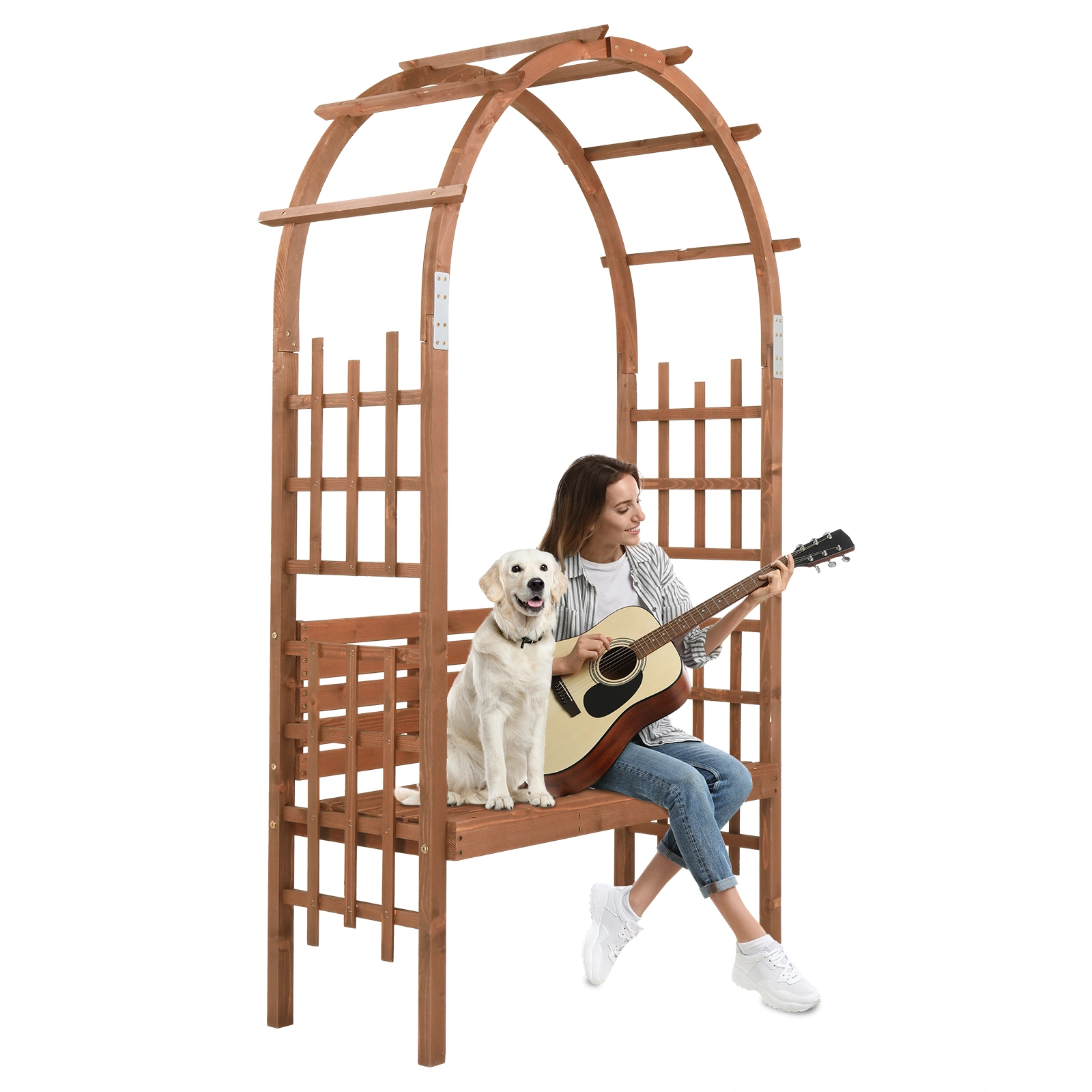 6.8FT Wooden Arch with Bench for 2 People, Garden Arbor Trellis for Climbing Plant, Outdoor Garden Lawn Backyard Patio Decor, Dark Brown view 3