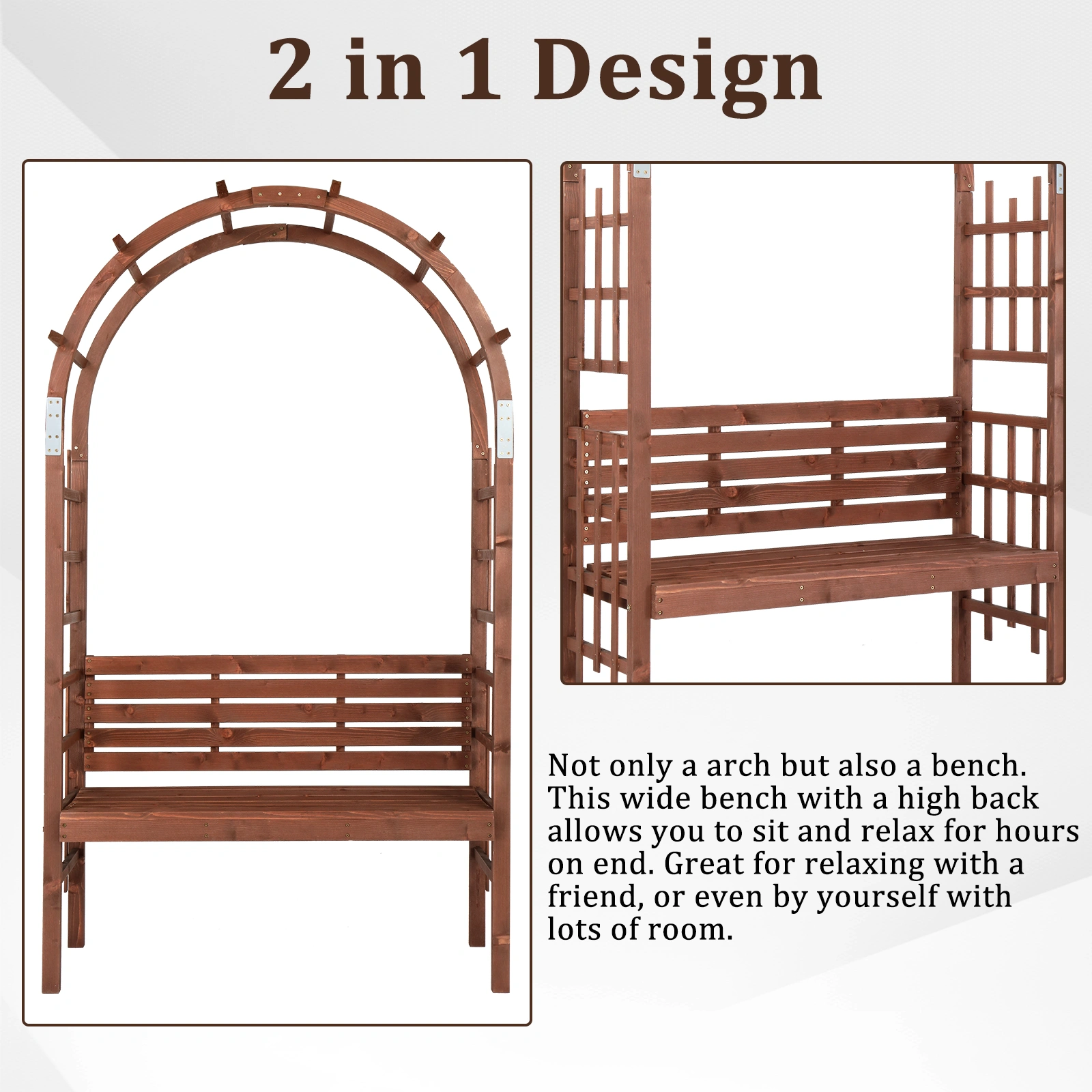 6.8FT Wooden Arch with Bench for 2 People, Garden Arbor Trellis for Climbing Plant, Outdoor Garden Lawn Backyard Patio Decor, Dark Brown view 7