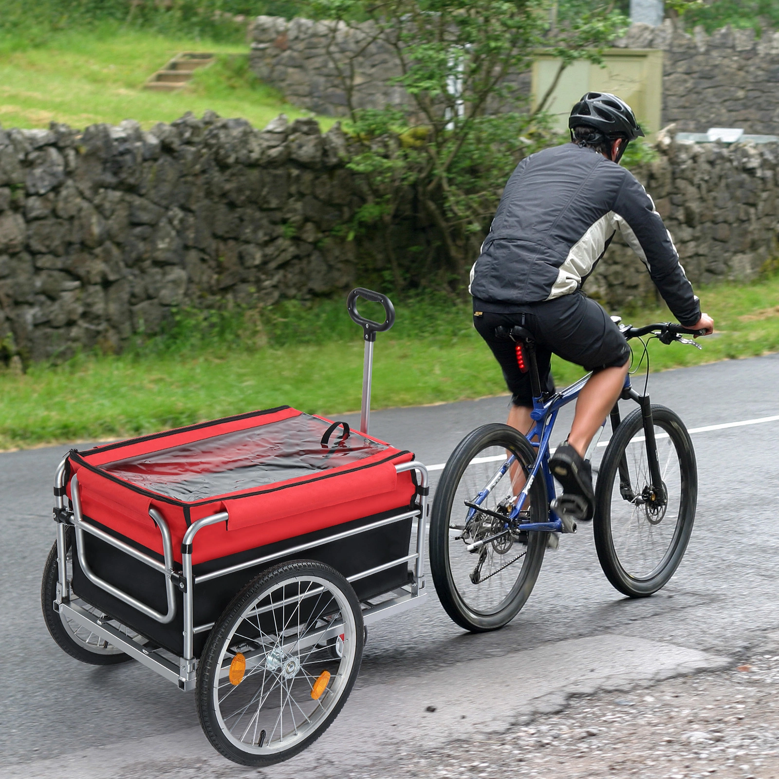 Q235 steel pipe 96*75*58cm bicycle trailer rack black and red 100kg cargo trailer with handle view 9