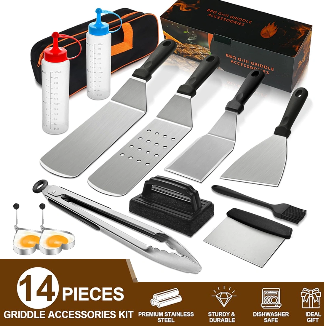 14 Pcs Professional Stainless Steel Griddle Grill Tools Set BBQ Accessories UK