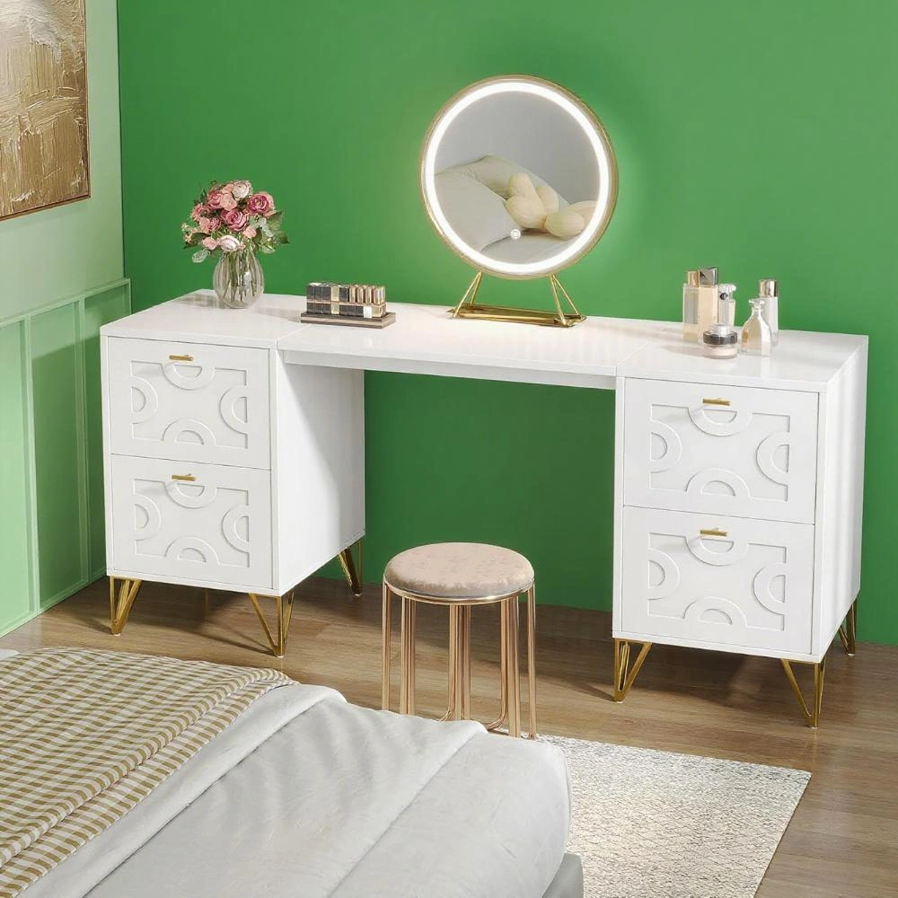 Dressing Table with Mirror and Stool - Vanity Makeup Table with Storage Drawers for Bedroom