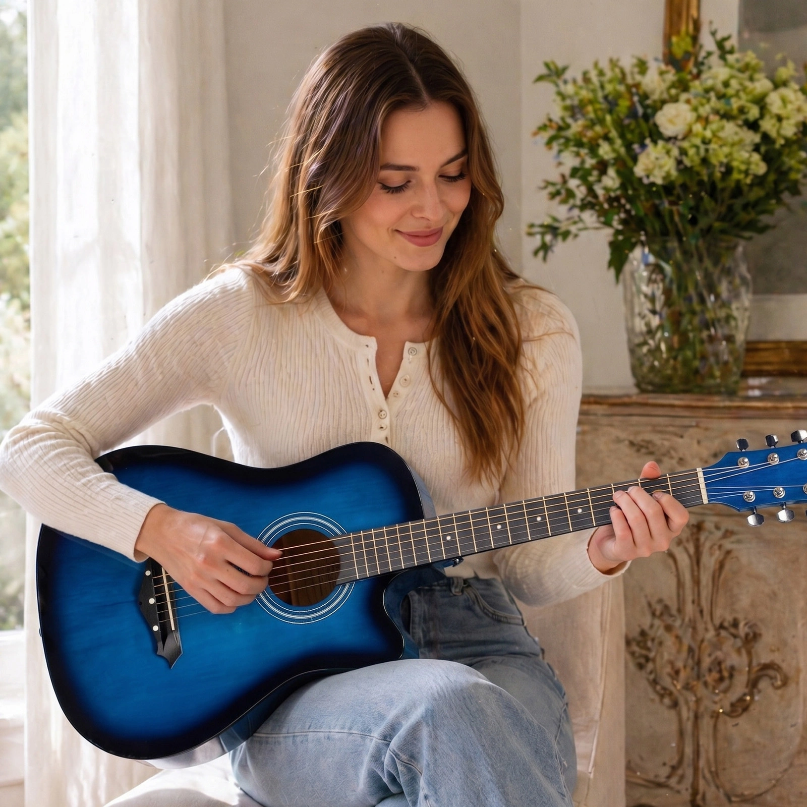 Blue 38-inch Acoustic Guitar with Picks, Strings, Capo, Case, Tuner, and Strap view 10
