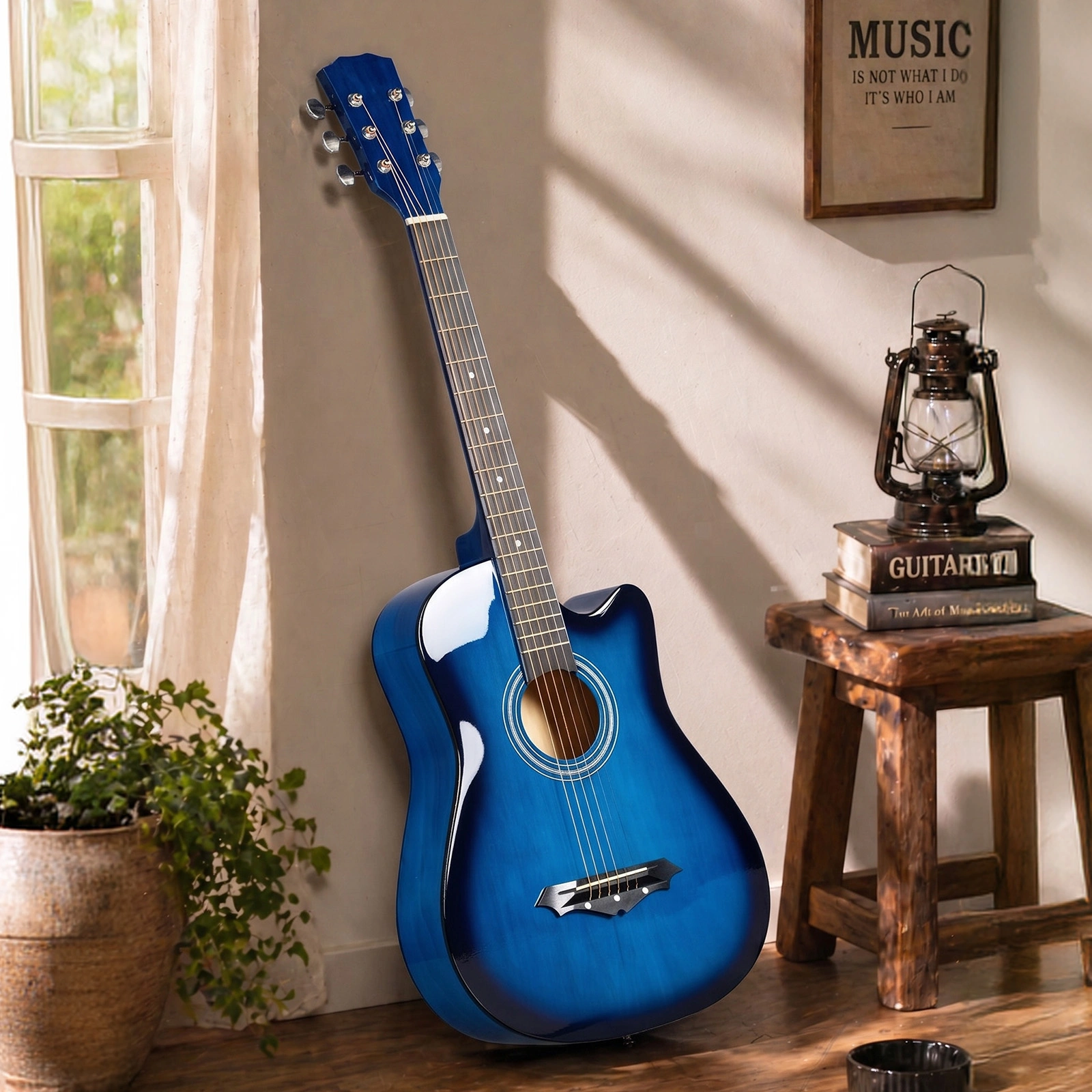 Blue 38-inch Acoustic Guitar with Picks, Strings, Capo, Case, Tuner, and Strap view 11