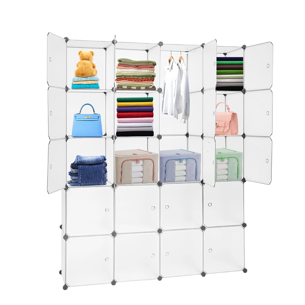 White 20-Cube Stackable Plastic Storage Organizer - Modular Closet Cabinet with Hanging Rod, Multifunctional Cube Shelves