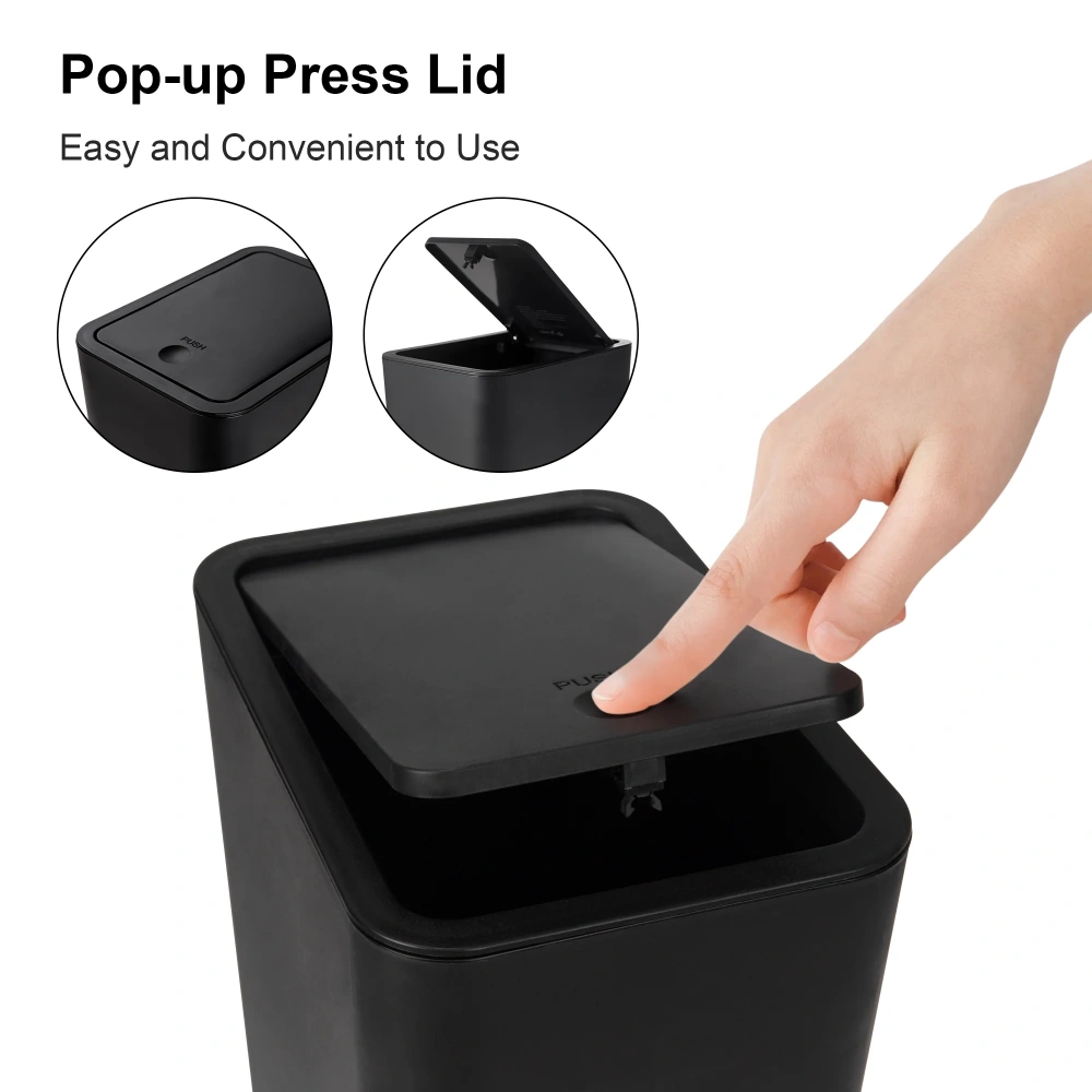 2 Pack Trash Can with Press Top Lid, 2.6 Gal Plastic Garbage Can, Small Wastebasket for Bathroom, Modern Mini Waste Basket, Black view 2