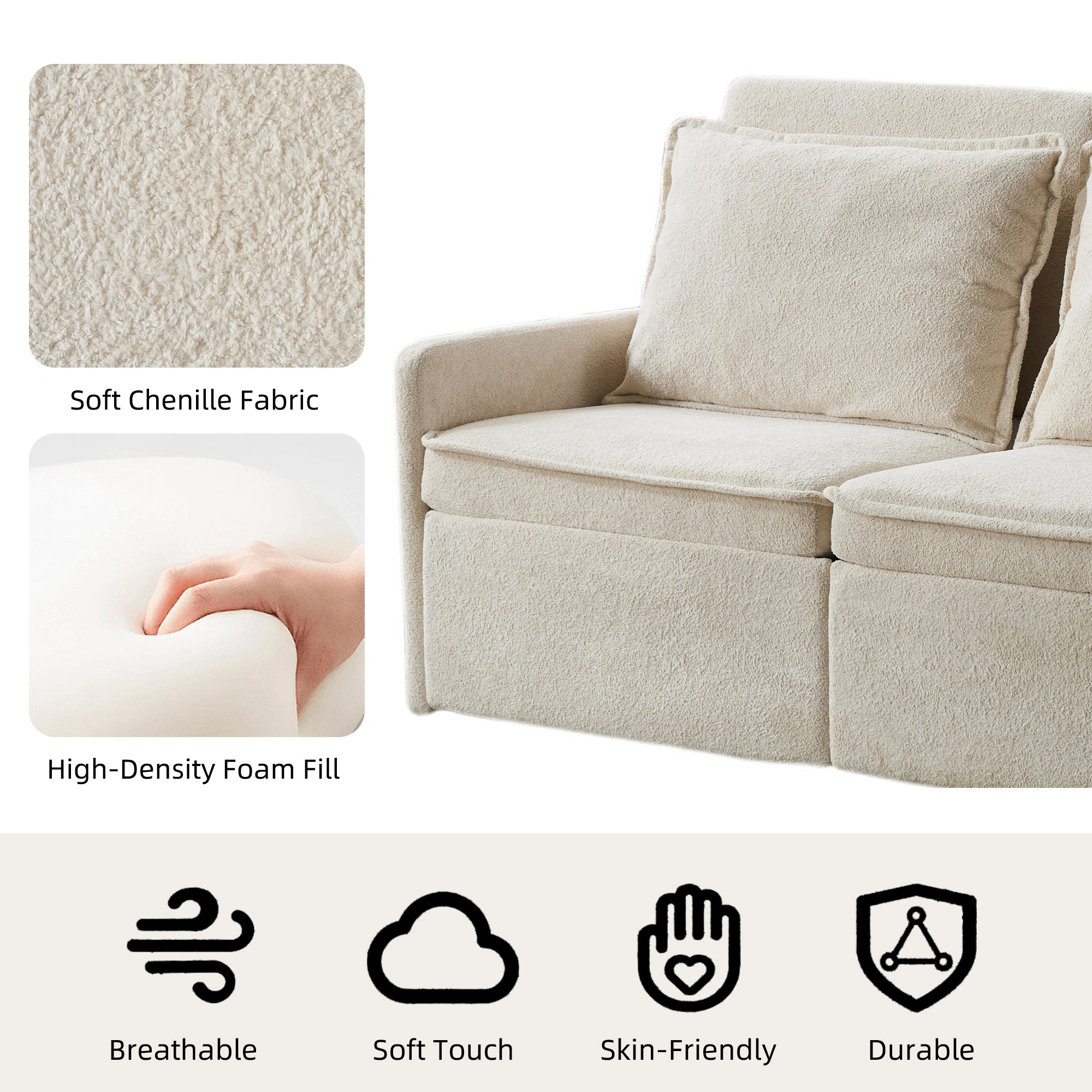 Sofa with Sleep Function Sleep Sofa with Cushions and USB, 3-in-1 Sofa&Couch with 5-Stage Adjustable Backrest, Foldable Sofa Bed with Storage, Chenille, Beige view 4