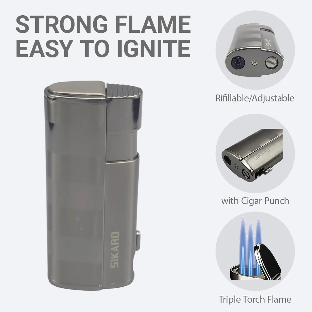 SIKARO HURRICANE Triple Torch Lighter Gunmetal w/Cigar Punch, Refillable Adjustable Flame, Windproof for Cigar, Kitchen, Outdoor view 3
