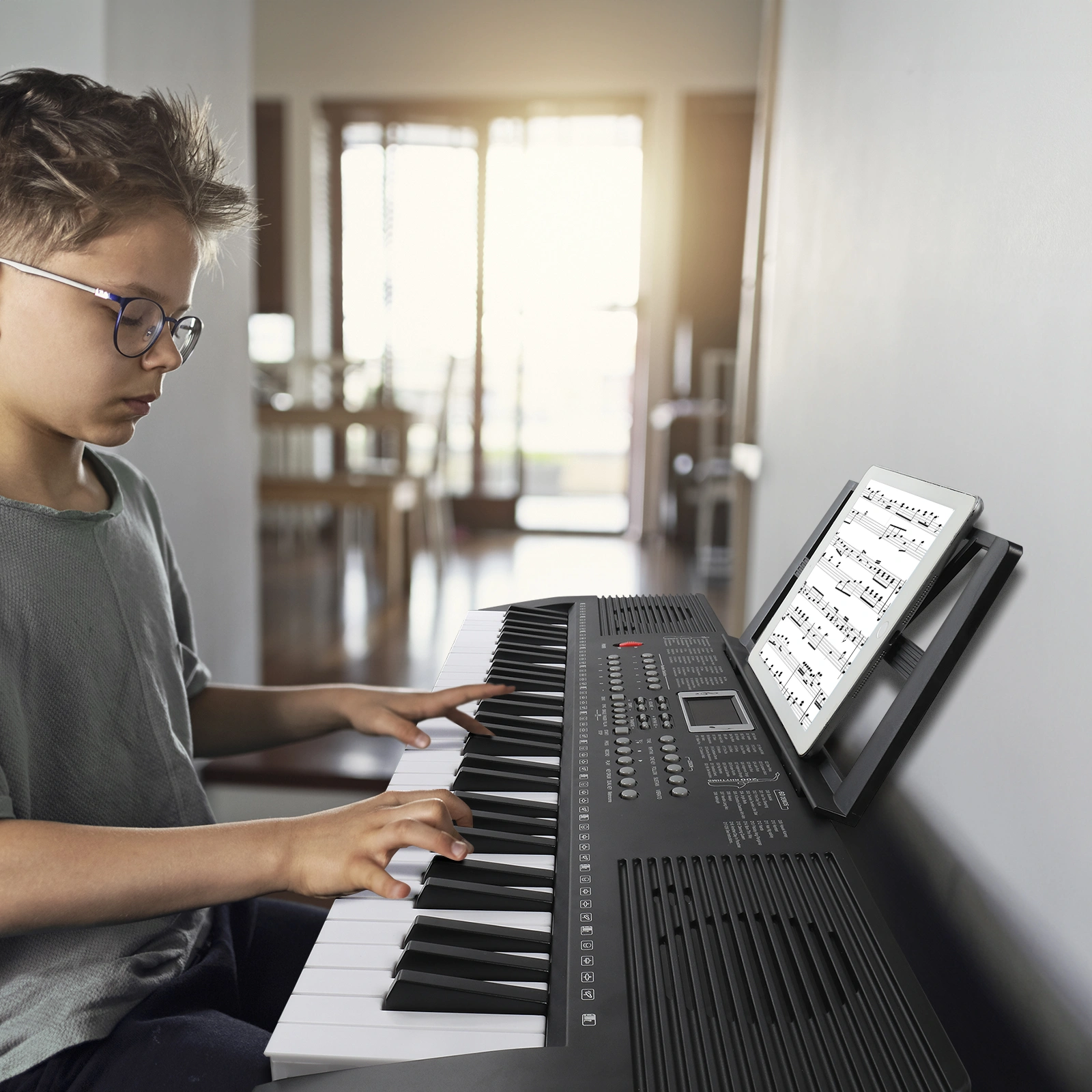 GEP-203 61 Key Keyboard with Piano Stand, Piano Bench, Built In Speakers, Headphone, Microphone, Music Rest, LED Screen, 3 Teaching Modes for Beginners view 9