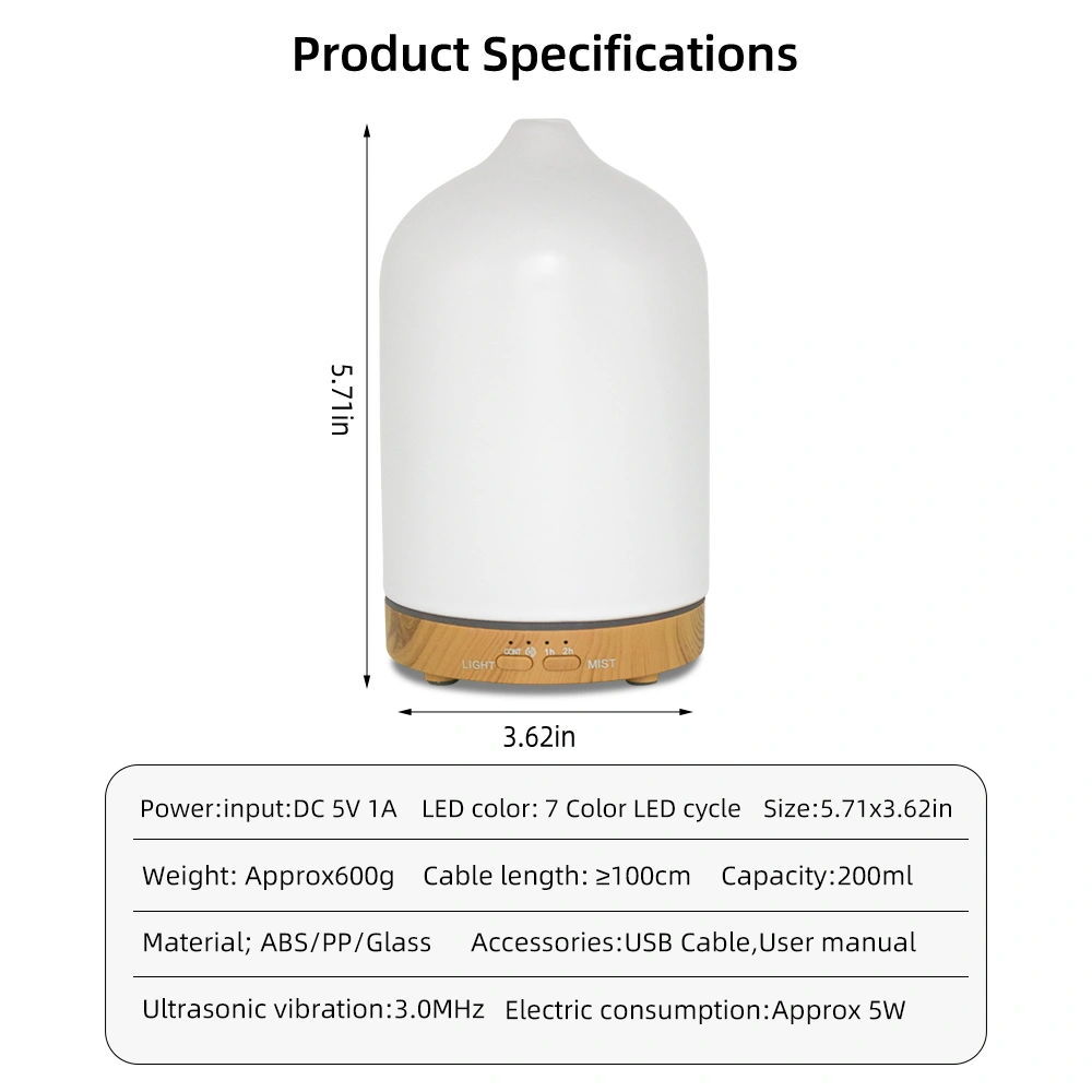 200ml Ultrasonic Essential Oil Diffuser with Timer, 7 LED Colors, Quiet Aroma Humidifier for Home & Office view 3