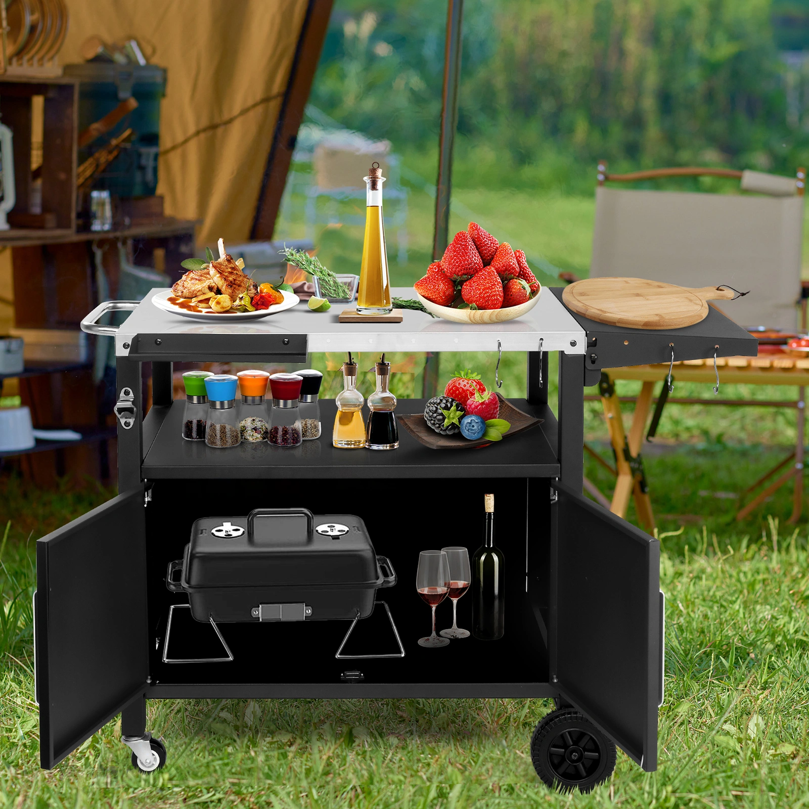 Outdoor Grill Cart with Storage, Rolling Bar Cart Movable Kitchen Island for BBQ, Patio Dining Cart Table for Food Prep with Wheels Hooks Foldable Top view 10