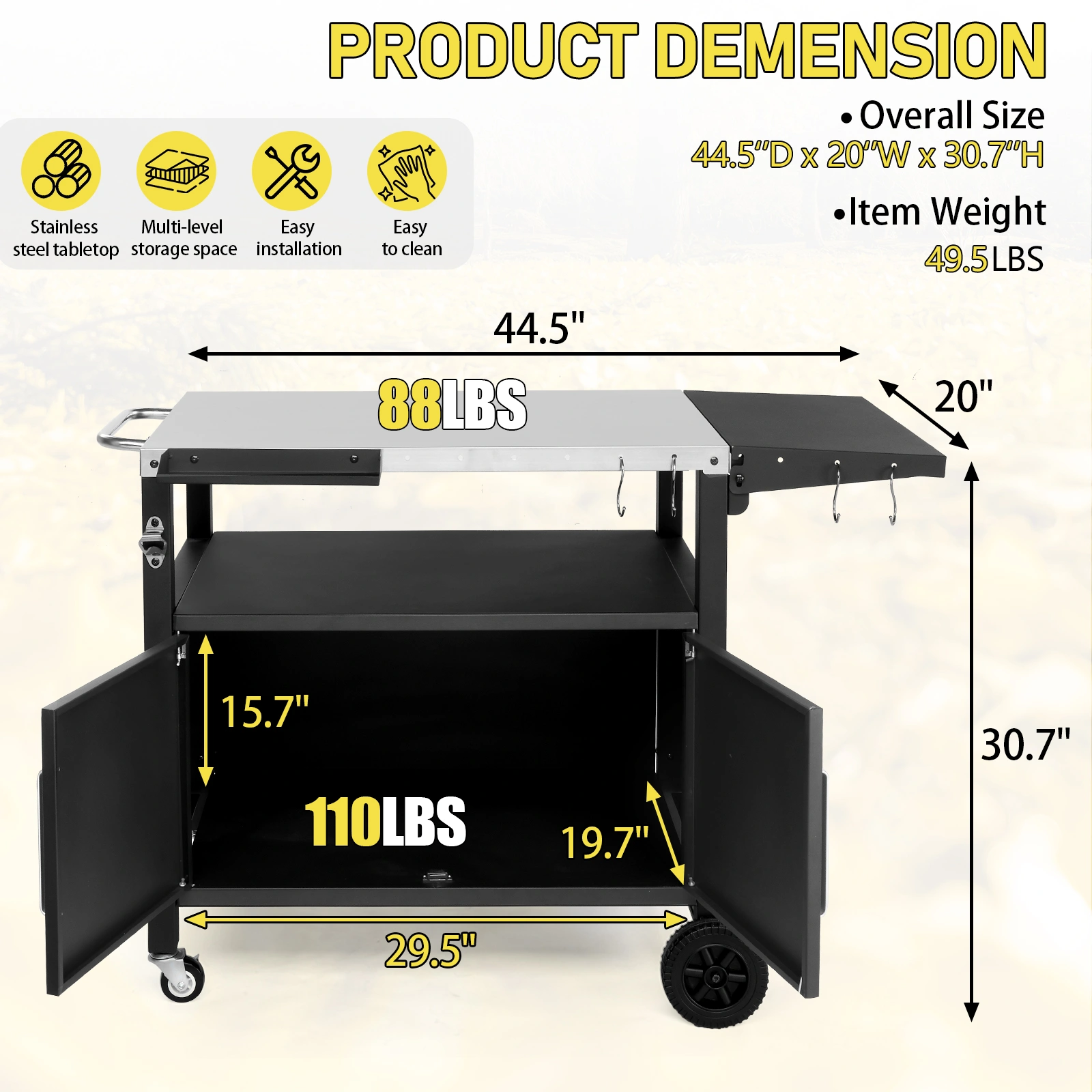 Outdoor Grill Cart with Storage, Rolling Bar Cart Movable Kitchen Island for BBQ, Patio Dining Cart Table for Food Prep with Wheels Hooks Foldable Top view 11