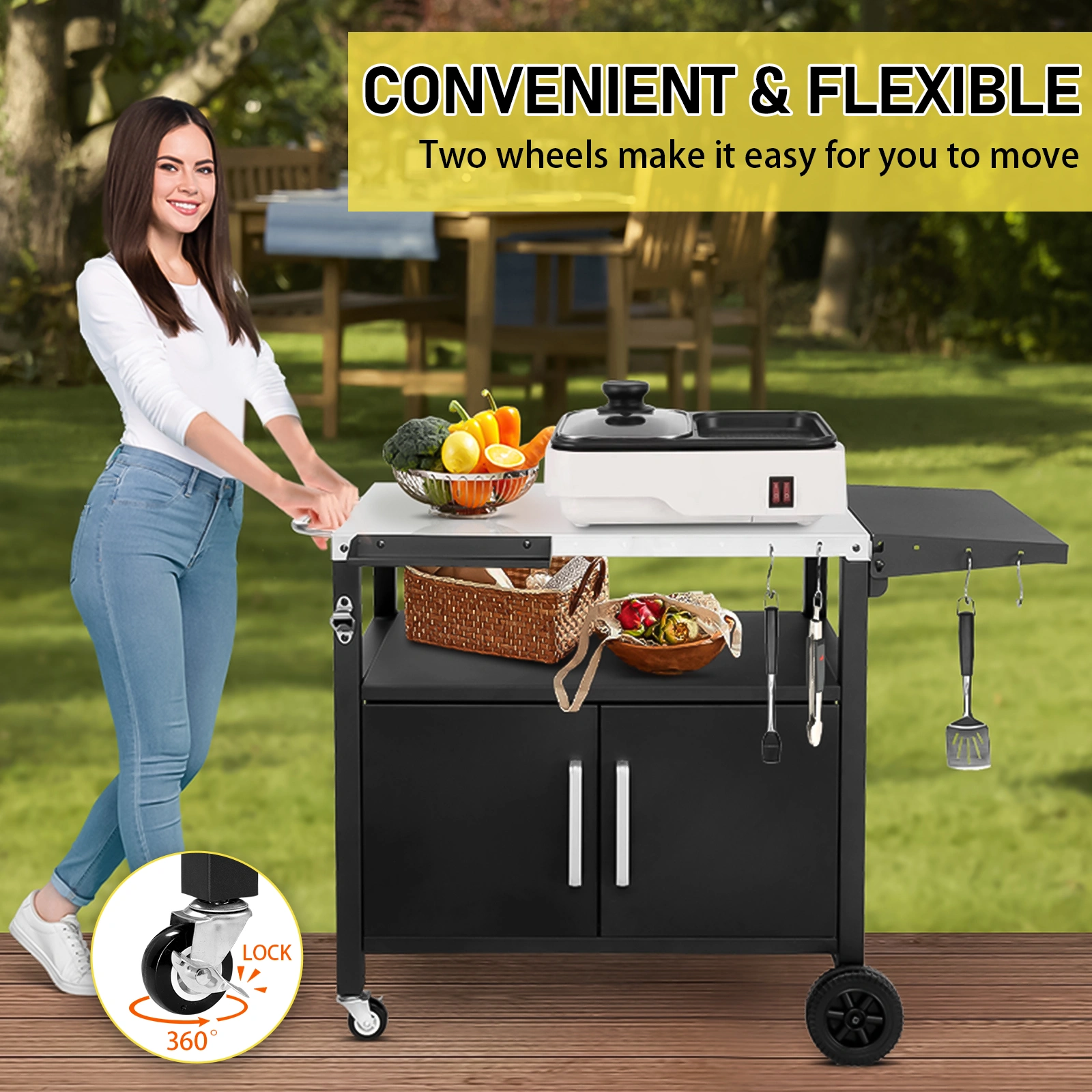 Outdoor Grill Cart with Storage, Rolling Bar Cart Movable Kitchen Island for BBQ, Patio Dining Cart Table for Food Prep with Wheels Hooks Foldable Top view 13