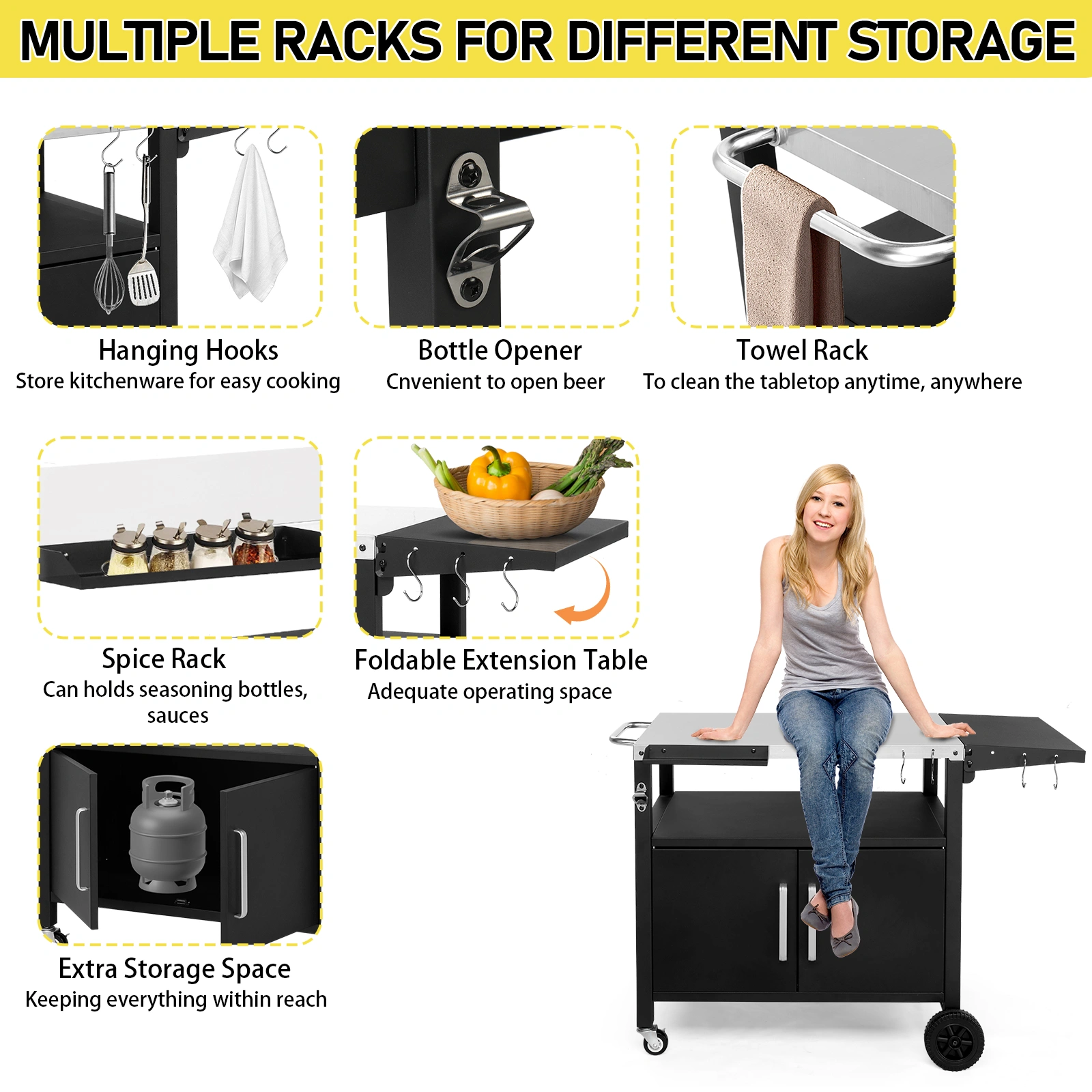 Outdoor Grill Cart with Storage, Rolling Bar Cart Movable Kitchen Island for BBQ, Patio Dining Cart Table for Food Prep with Wheels Hooks Foldable Top view 14