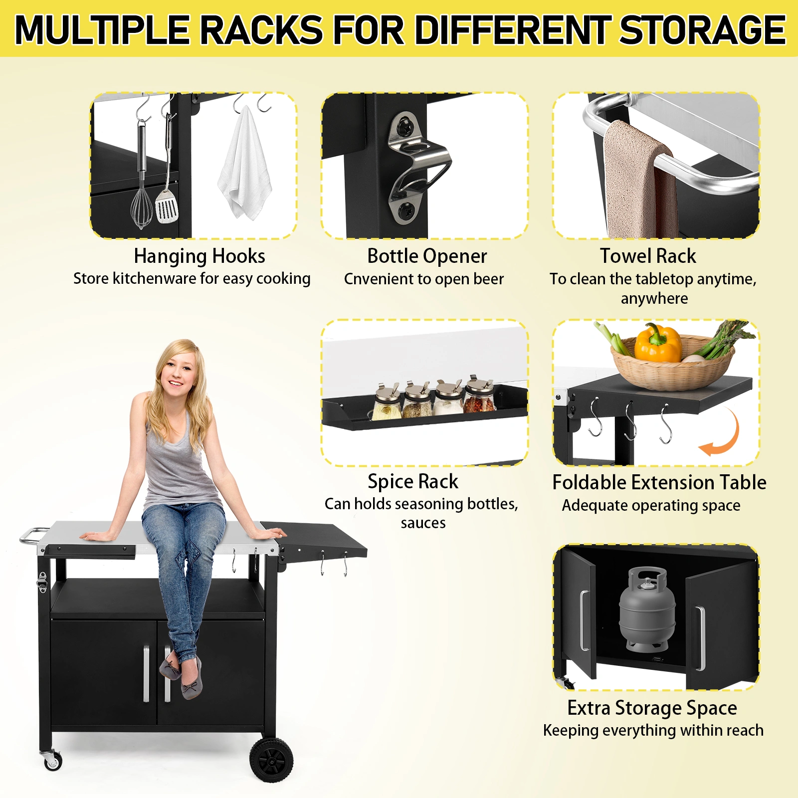 Outdoor Grill Cart with Storage, Rolling Bar Cart Movable Kitchen Island for BBQ, Patio Dining Cart Table for Food Prep with Wheels Hooks Foldable Top view 15