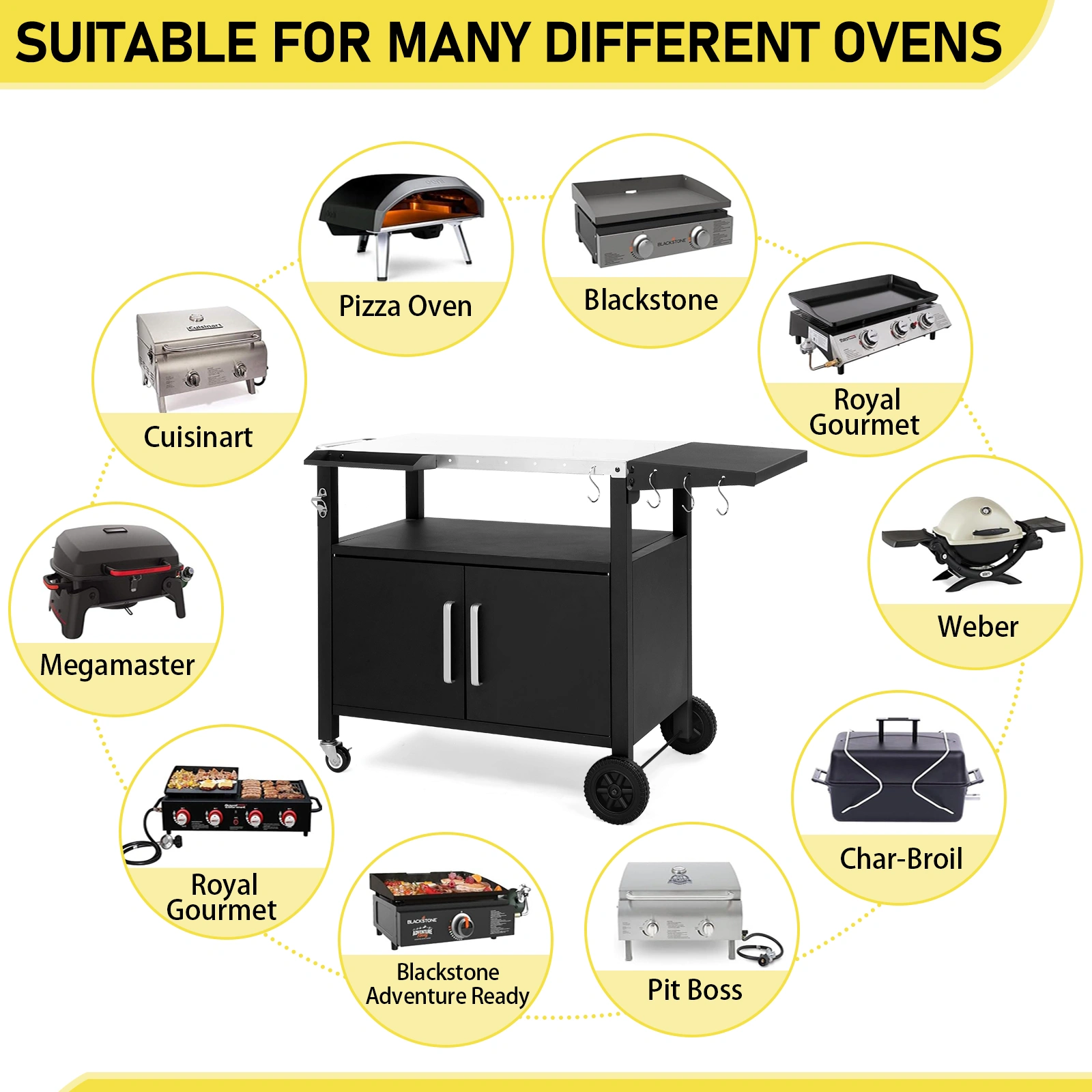 Outdoor Grill Cart with Storage, Rolling Bar Cart Movable Kitchen Island for BBQ, Patio Dining Cart Table for Food Prep with Wheels Hooks Foldable Top view 16
