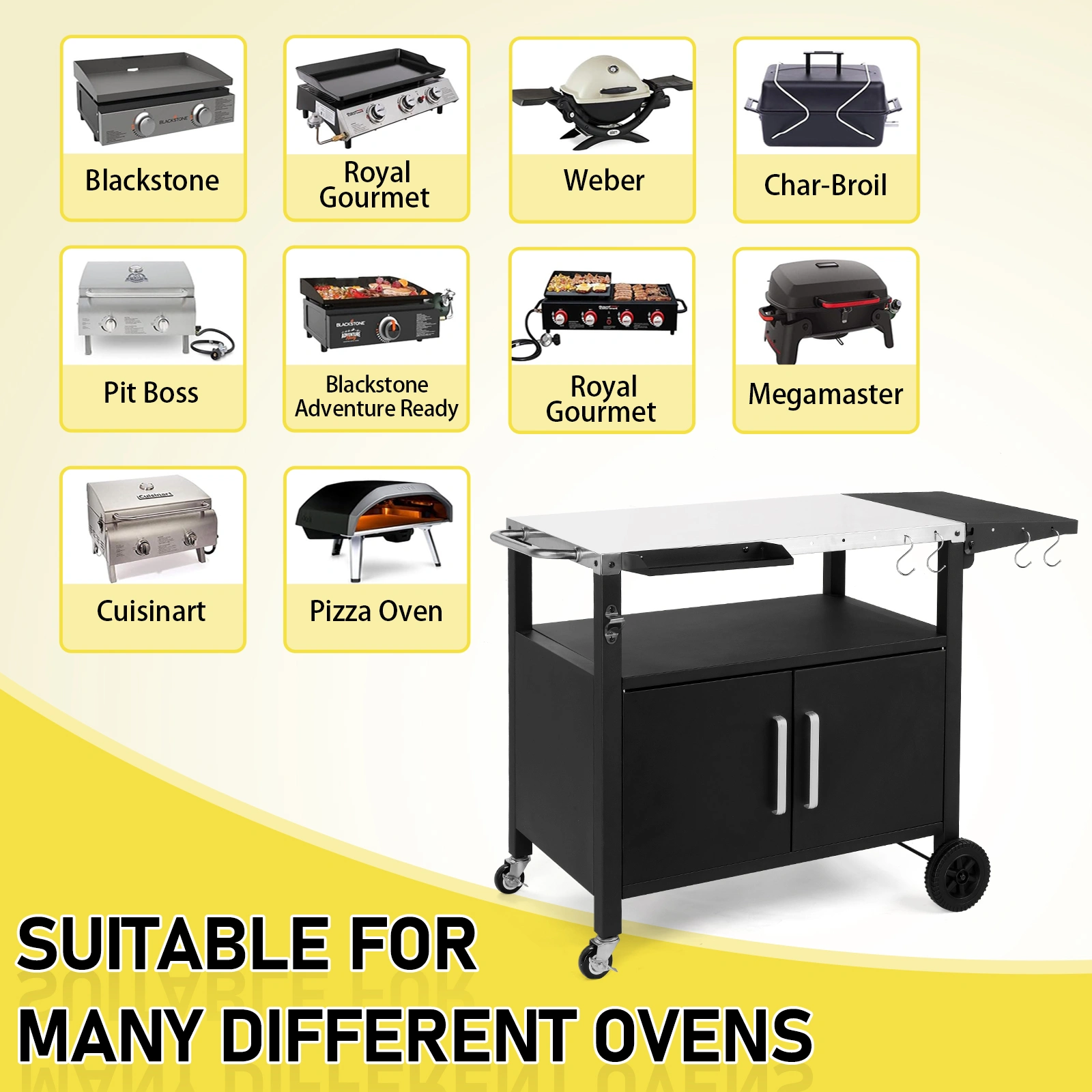 Outdoor Grill Cart with Storage, Rolling Bar Cart Movable Kitchen Island for BBQ, Patio Dining Cart Table for Food Prep with Wheels Hooks Foldable Top view 17