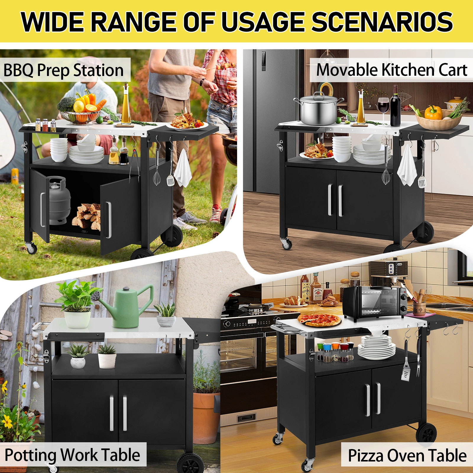 Outdoor Grill Cart with Storage, Rolling Bar Cart Movable Kitchen Island for BBQ, Patio Dining Cart Table for Food Prep with Wheels Hooks Foldable Top view 18
