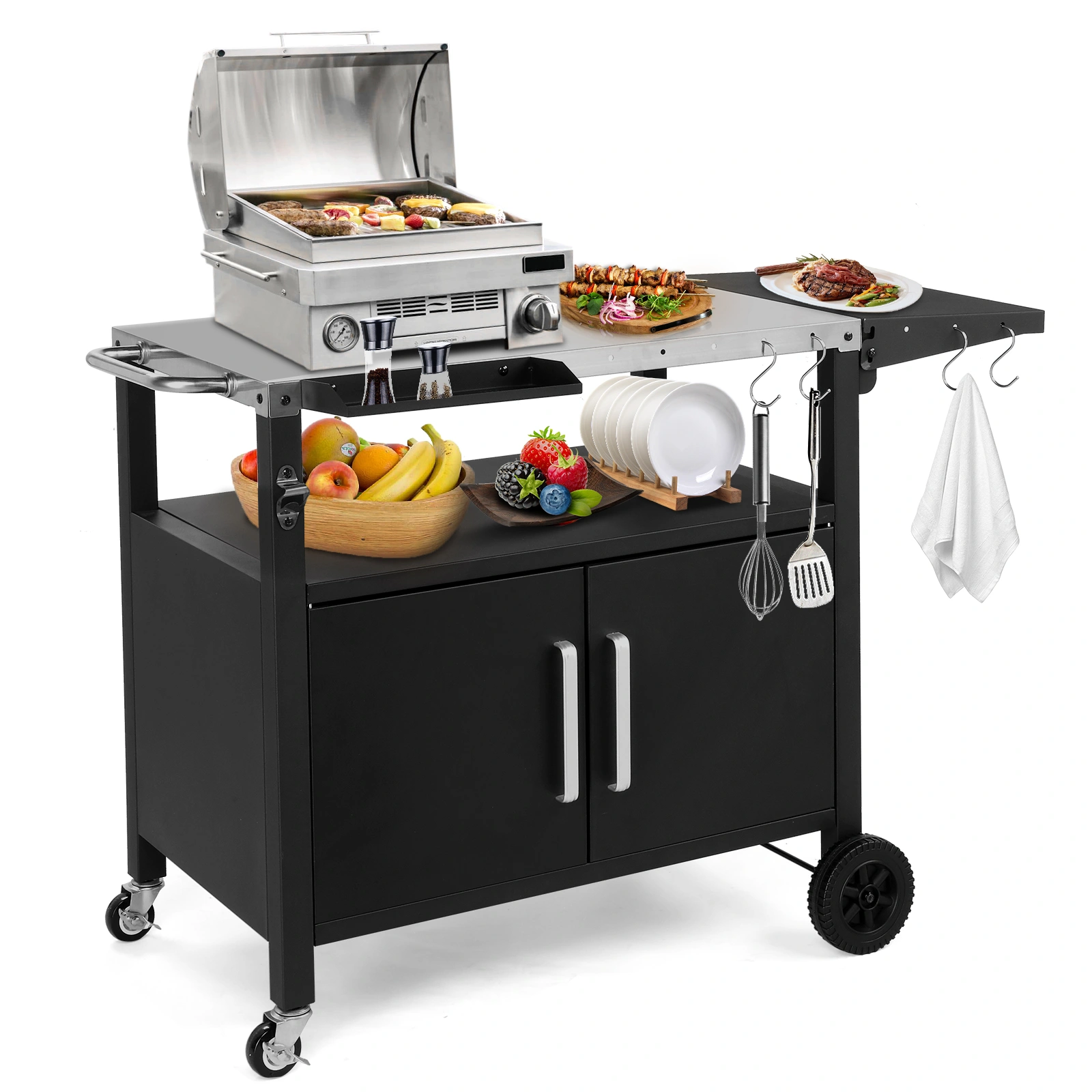 Outdoor Grill Cart with Storage, Rolling Bar Cart Movable Kitchen Island for BBQ, Patio Dining Cart Table for Food Prep with Wheels Hooks Foldable Top view 19