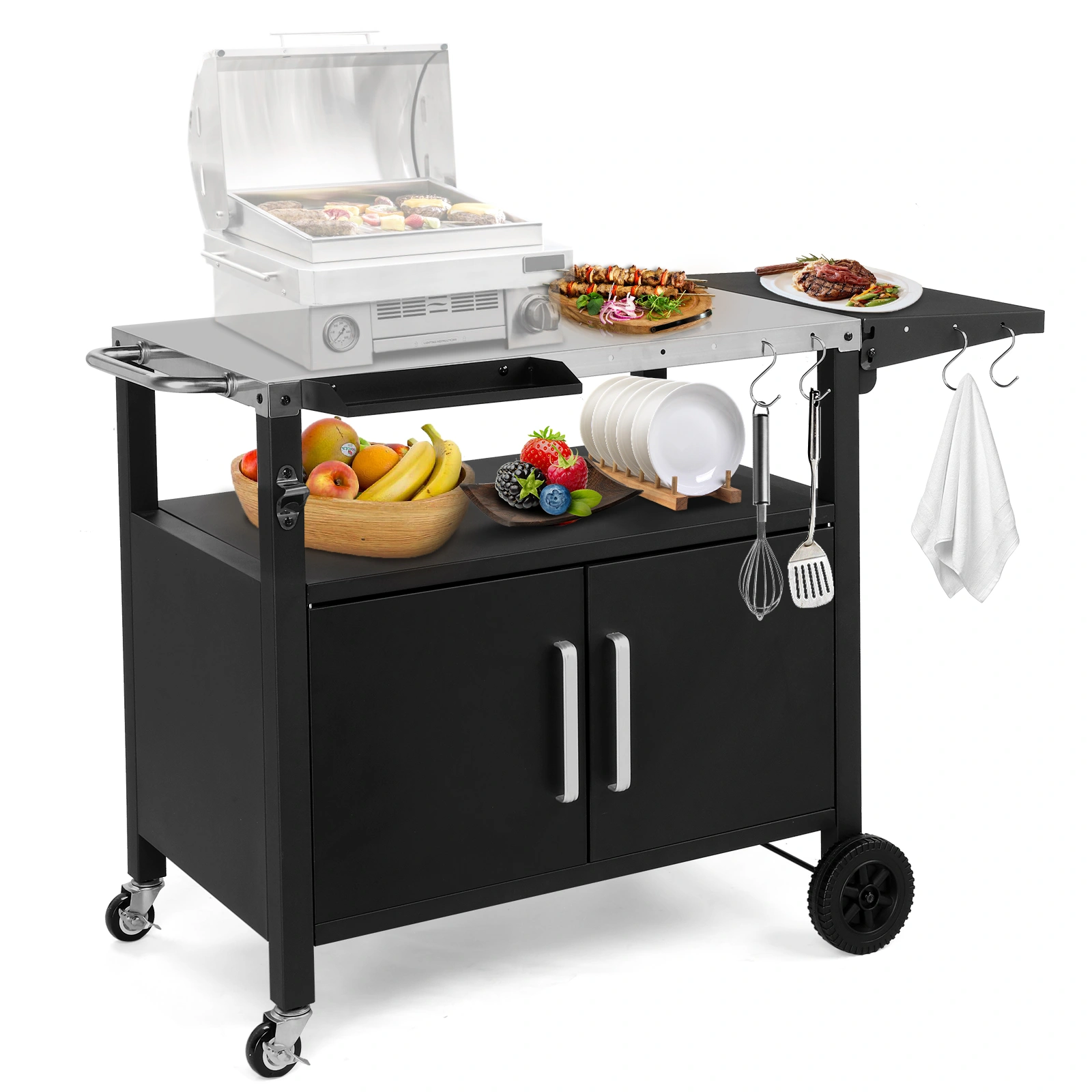 Outdoor Grill Cart with Storage, Rolling Bar Cart Movable Kitchen Island for BBQ, Patio Dining Cart Table for Food Prep with Wheels Hooks Foldable Top view 20
