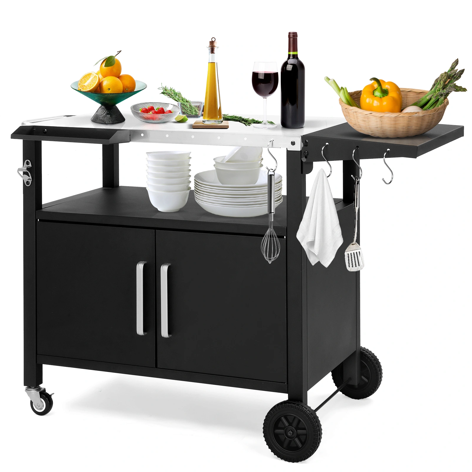 Outdoor Grill Cart with Storage, Rolling Bar Cart Movable Kitchen Island for BBQ, Patio Dining Cart Table for Food Prep with Wheels Hooks Foldable Top view 21