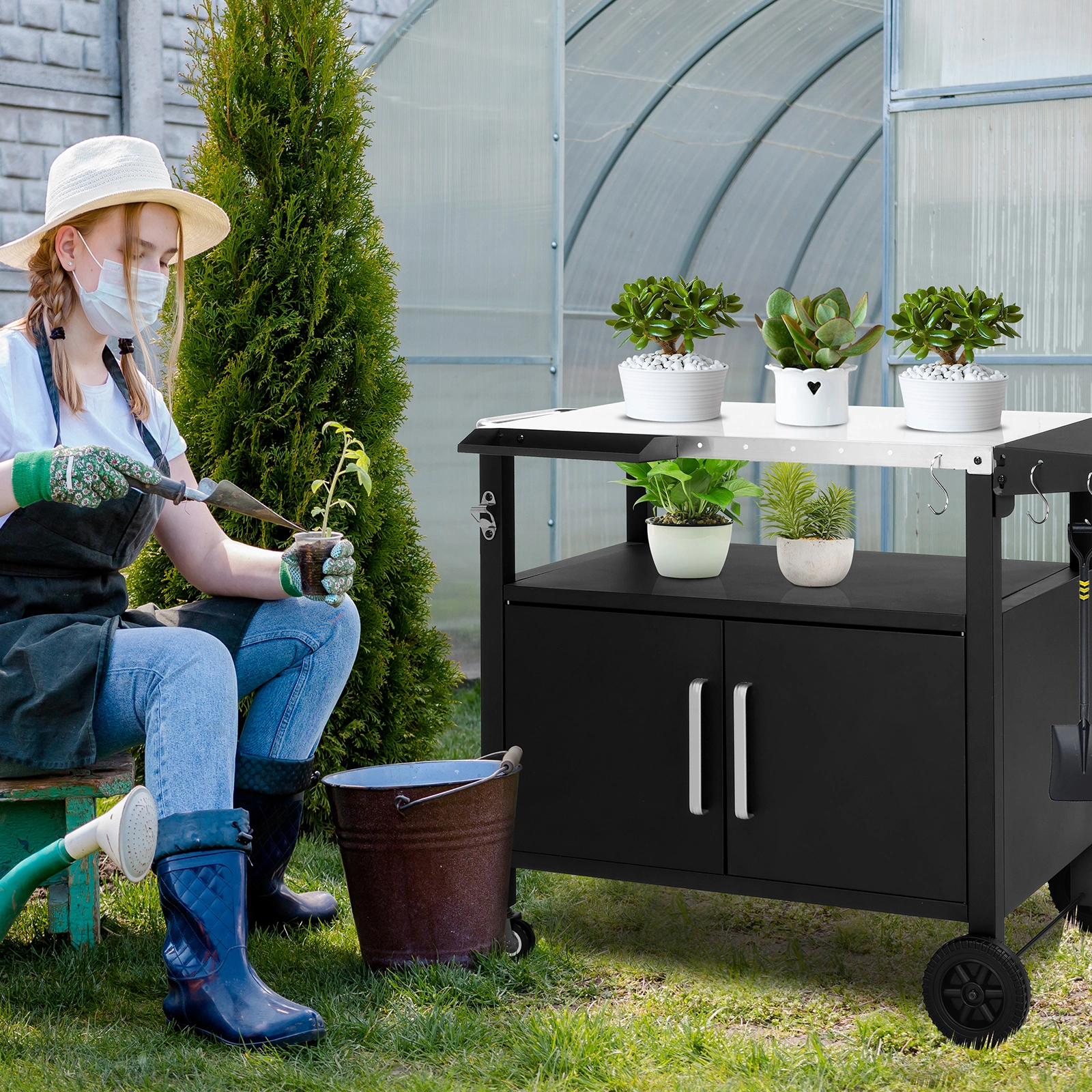 Outdoor Grill Cart with Storage, Rolling Bar Cart Movable Kitchen Island for BBQ, Patio Dining Cart Table for Food Prep with Wheels Hooks Foldable Top view 8