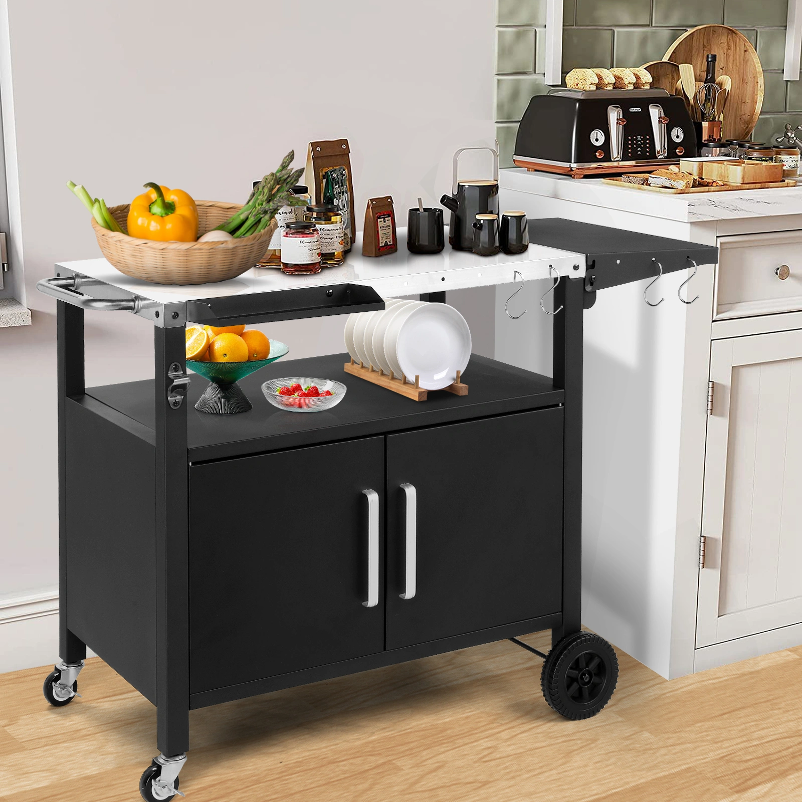 Outdoor Grill Cart with Storage, Rolling Bar Cart Movable Kitchen Island for BBQ, Patio Dining Cart Table for Food Prep with Wheels Hooks Foldable Top view 9