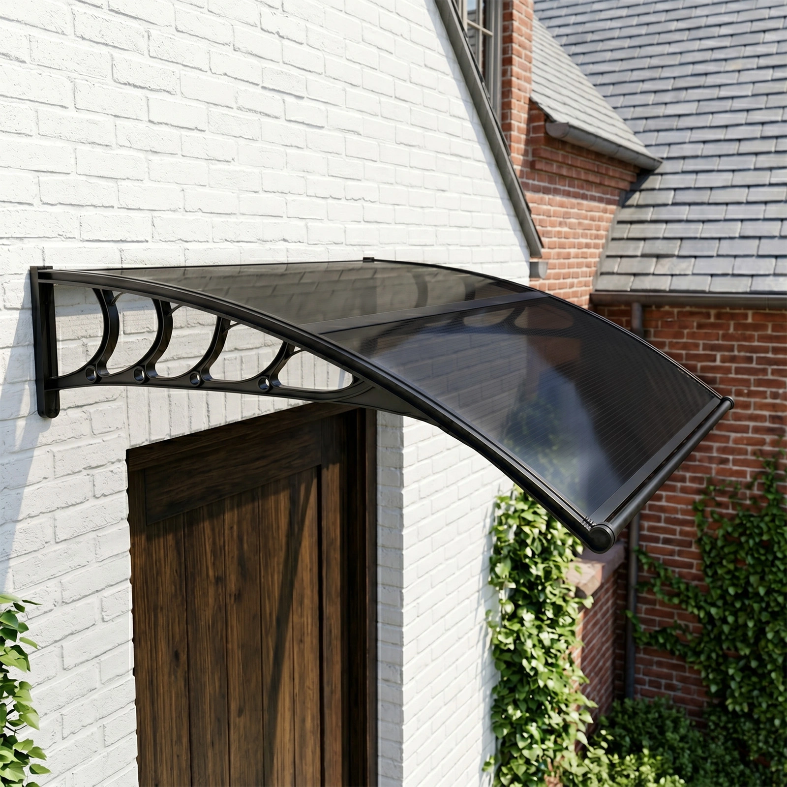 Awning for Door Entrance with Drainage Sink, 40x48 Inch Window Canopy Exterior, UV Rain Snow Protection for House Porch Patio Deck, Black Bracket & Brown Board view 18