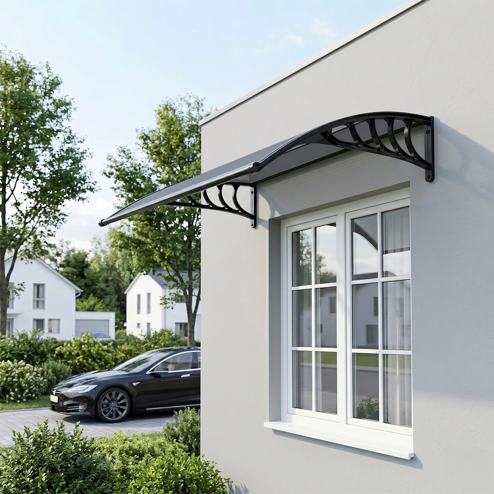 Awning for Door Entrance with Drainage Sink, 40x48 Inch Window Canopy Exterior, UV Rain Snow Protection for House Porch Patio Deck, Black Bracket & Brown Board view 19