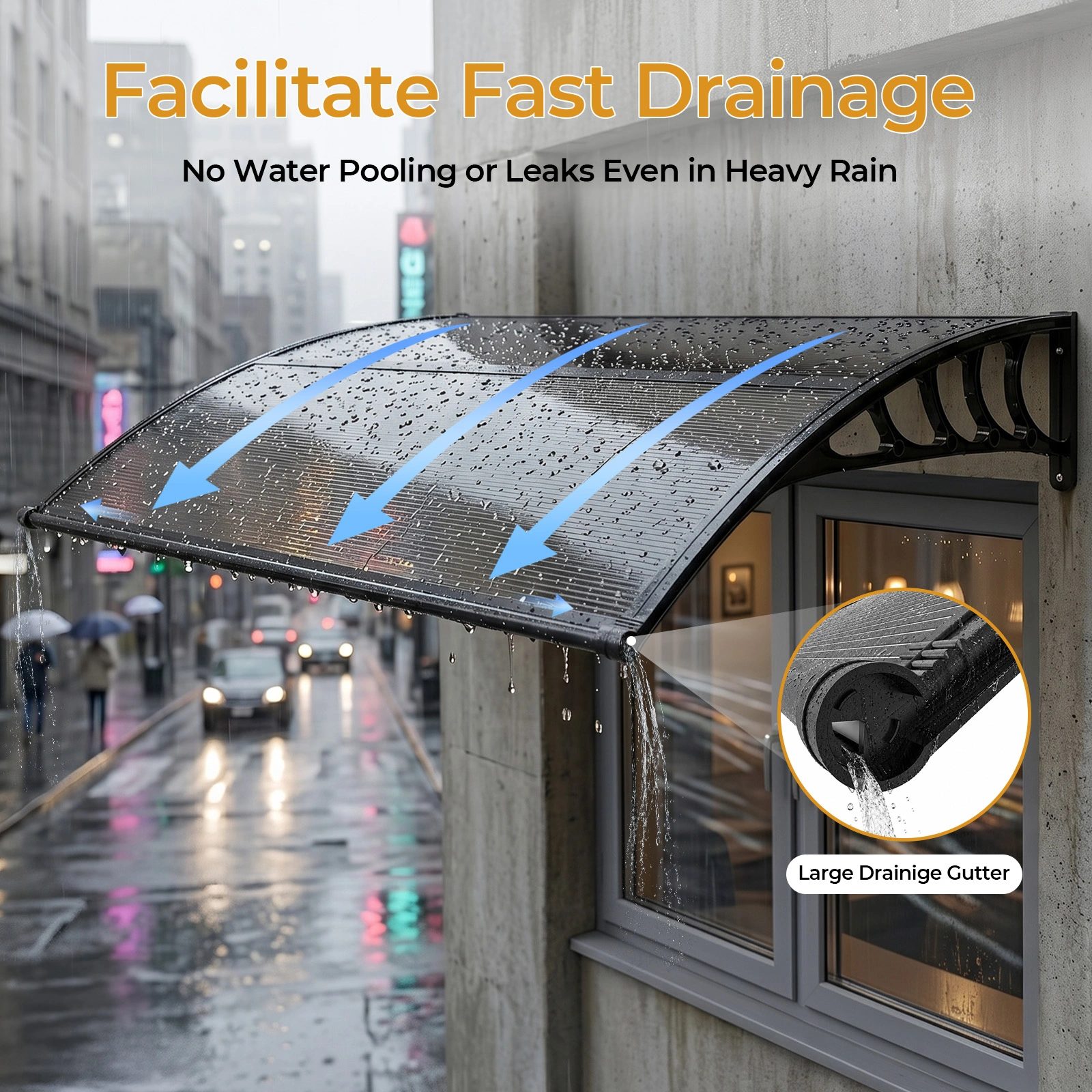 Awning for Door Entrance with Drainage Sink, 40x48 Inch Window Canopy Exterior, UV Rain Snow Protection for House Porch Patio Deck, Black Bracket & Brown Board view 4